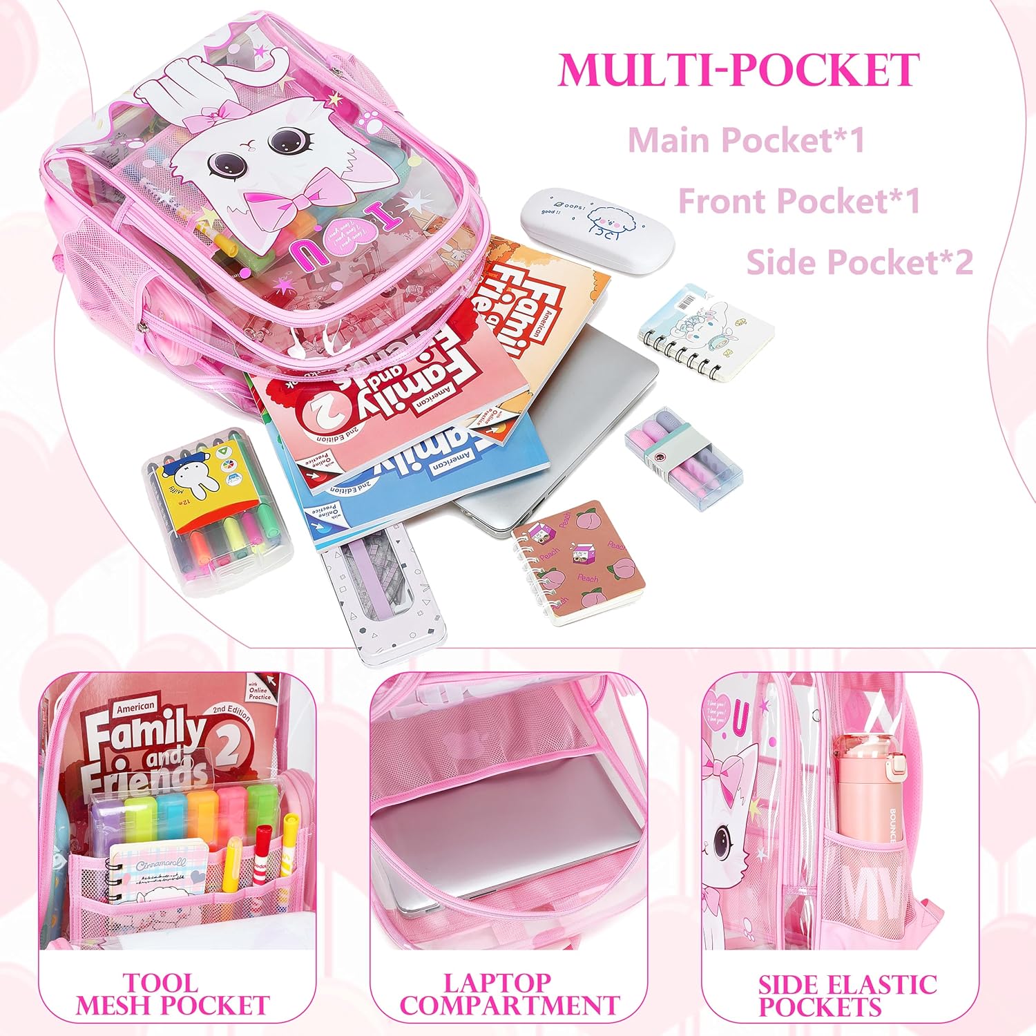 AO ALI VICTORY Clear Backpack for Boys Girls,15.6 Inch Kids Clear Backpack Set with Lunch Bag Pencil Case PVC Elementary Bookbag for School Students See Through Transparent Travel Back Pack,Pink Cat - Image 4