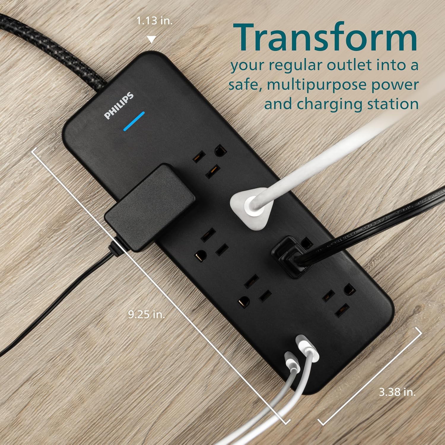 Philips 7-Outlet Adapter Spaced Surge Protector, 4ft Braided Cord, Power Strip with USB Charging, for Home School and Office, 1USB-A, 1USB-C, 1500J, Black, SPP9643B/37