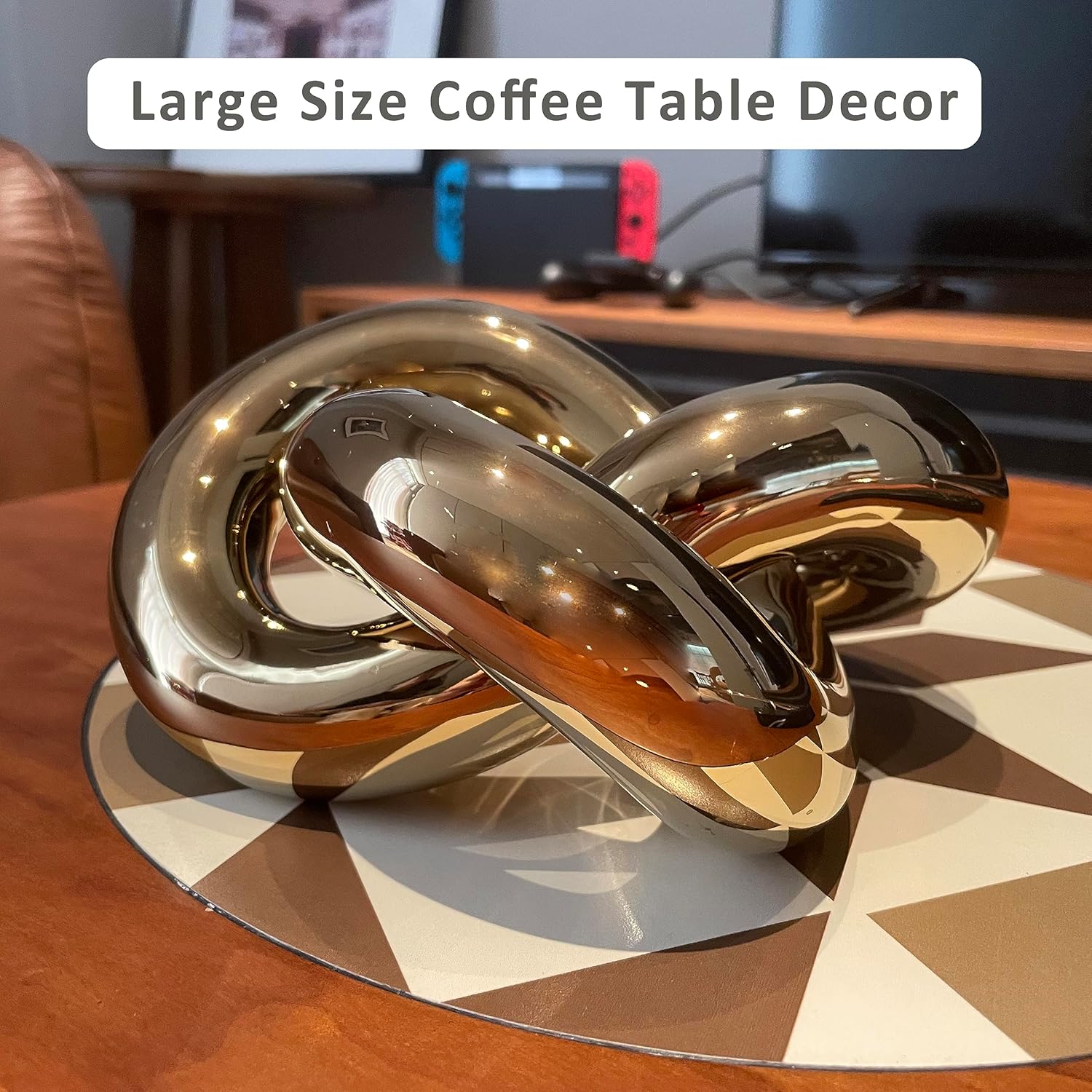 Large Ceramic Gold Knot Statue Décor, Gold Coffee Table Decor, Multi-Angle Abstract Geometric Sculpture Ornament, Modern Home Decor Accents for Living Room, Bedroom, Office