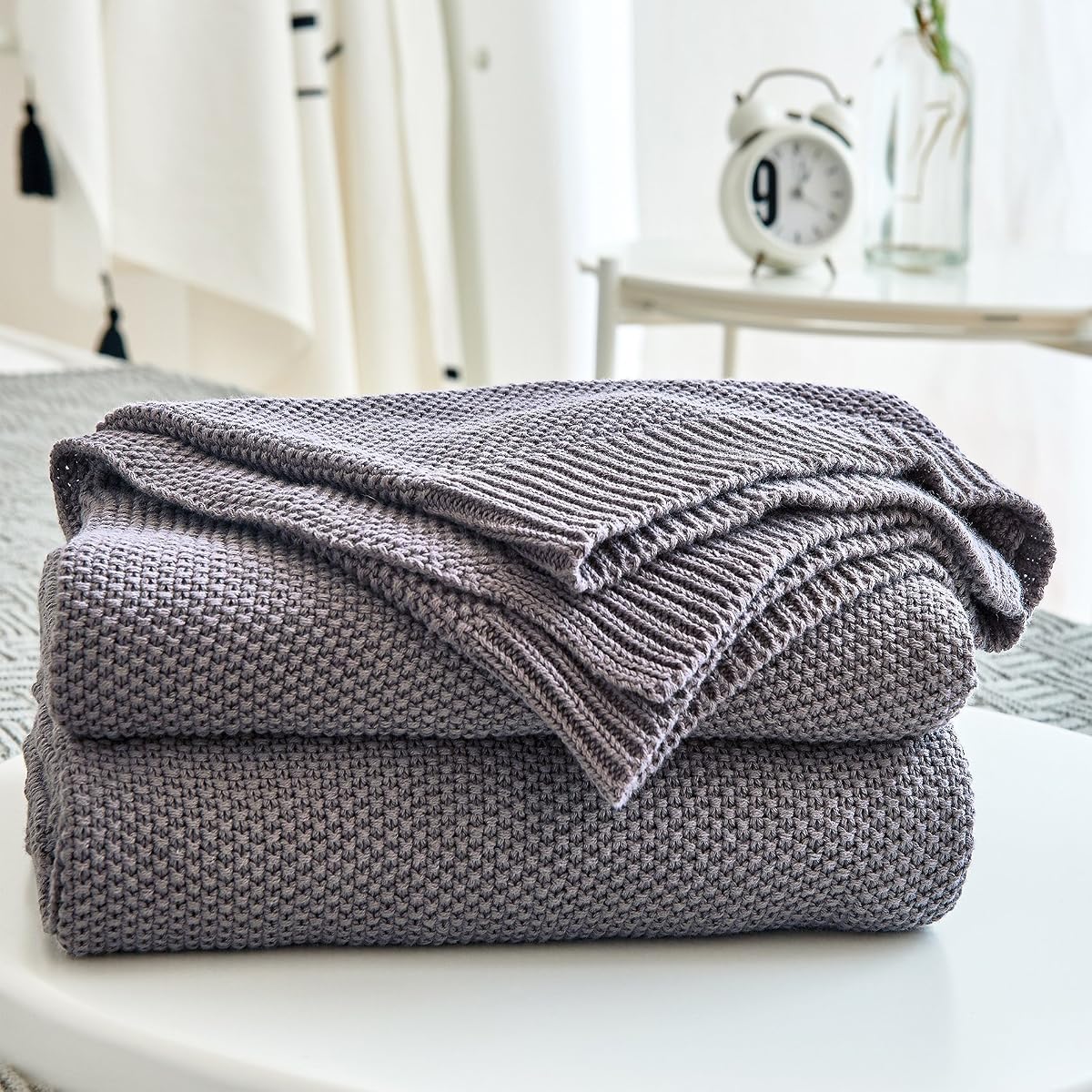 Dark Grey 100% Cotton Lightweight Cable Knit Throw Blanket for Couch Sofa Bed Home Decorative, Bonus Laundering Bag, Dark Gray 50“ x 60”, Machine Washable