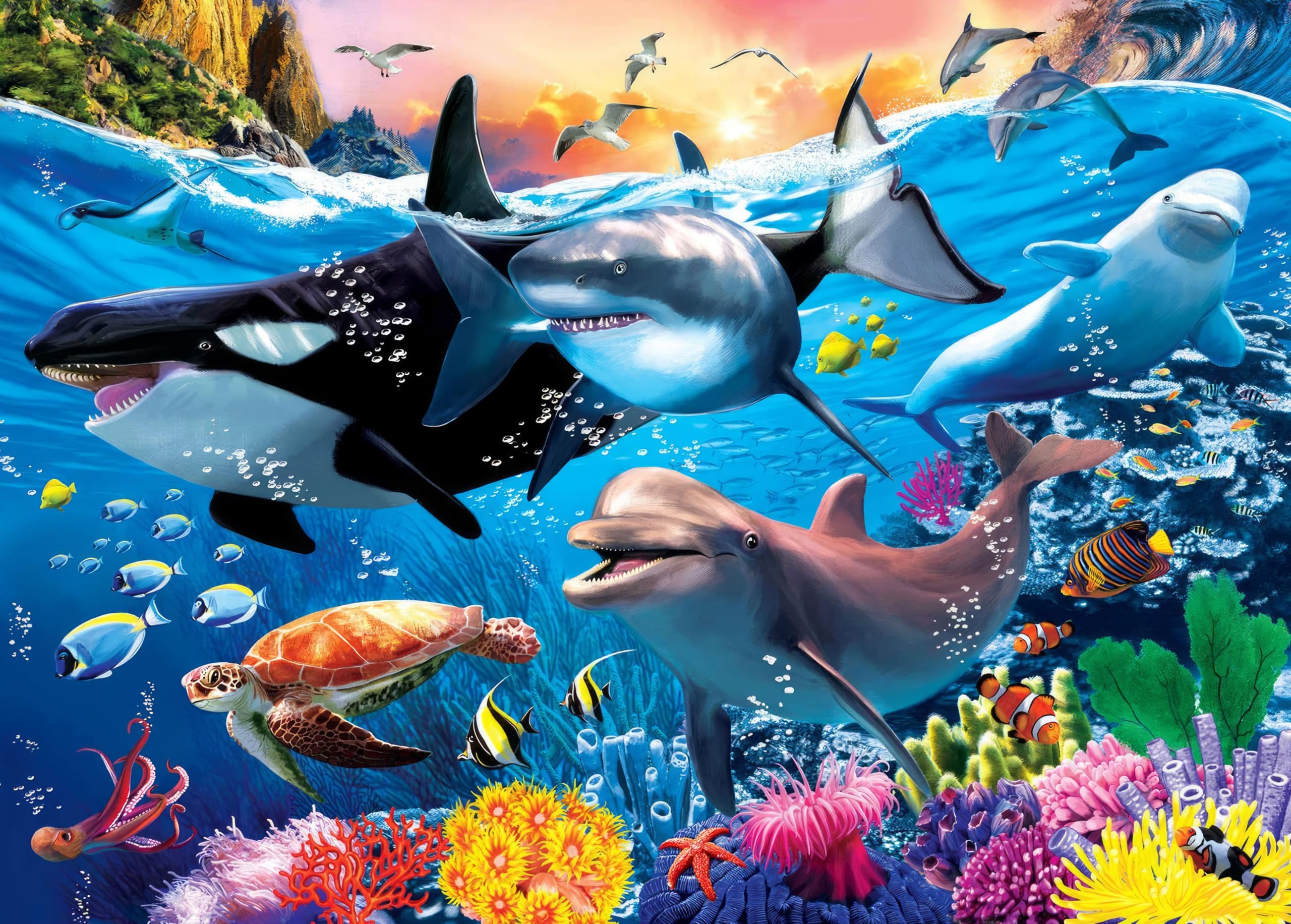 AveJoys Jigsaw Puzzles for Adults 1000 Piece Vibrant Ocean 27.56 x 19.69 Inch Jigsaw Puzzles for Adults Educational Game Challenge Toy 1000 Pieces Orcas Shark Dolphin Turtle Puzzle for Adult