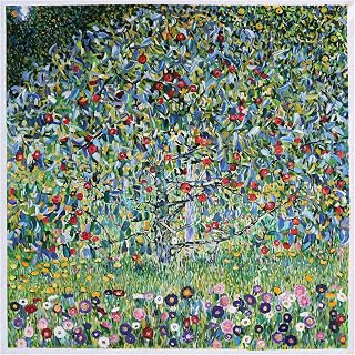 Apple Tree I - Gustav Klimt hand-painted oil painting reproduction,vibrant vivid color grand fruit tree in landscape mosaic styled art decor