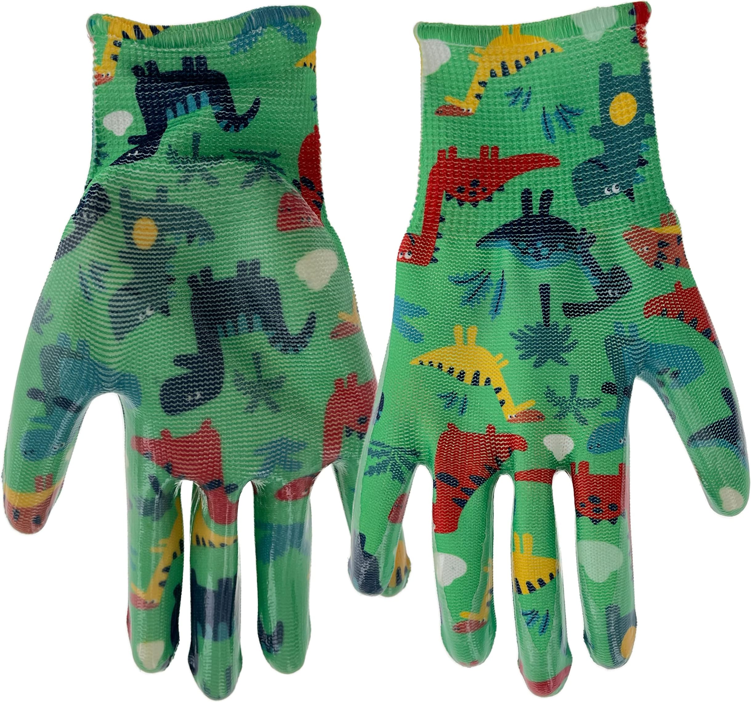 Simply MUD Kids (ages 5-8) Garden Gloves, Nitrile Coating, Lightweight, High Dexterity, Moisture Wicking, Green/Dino Pattern (MD31041M)