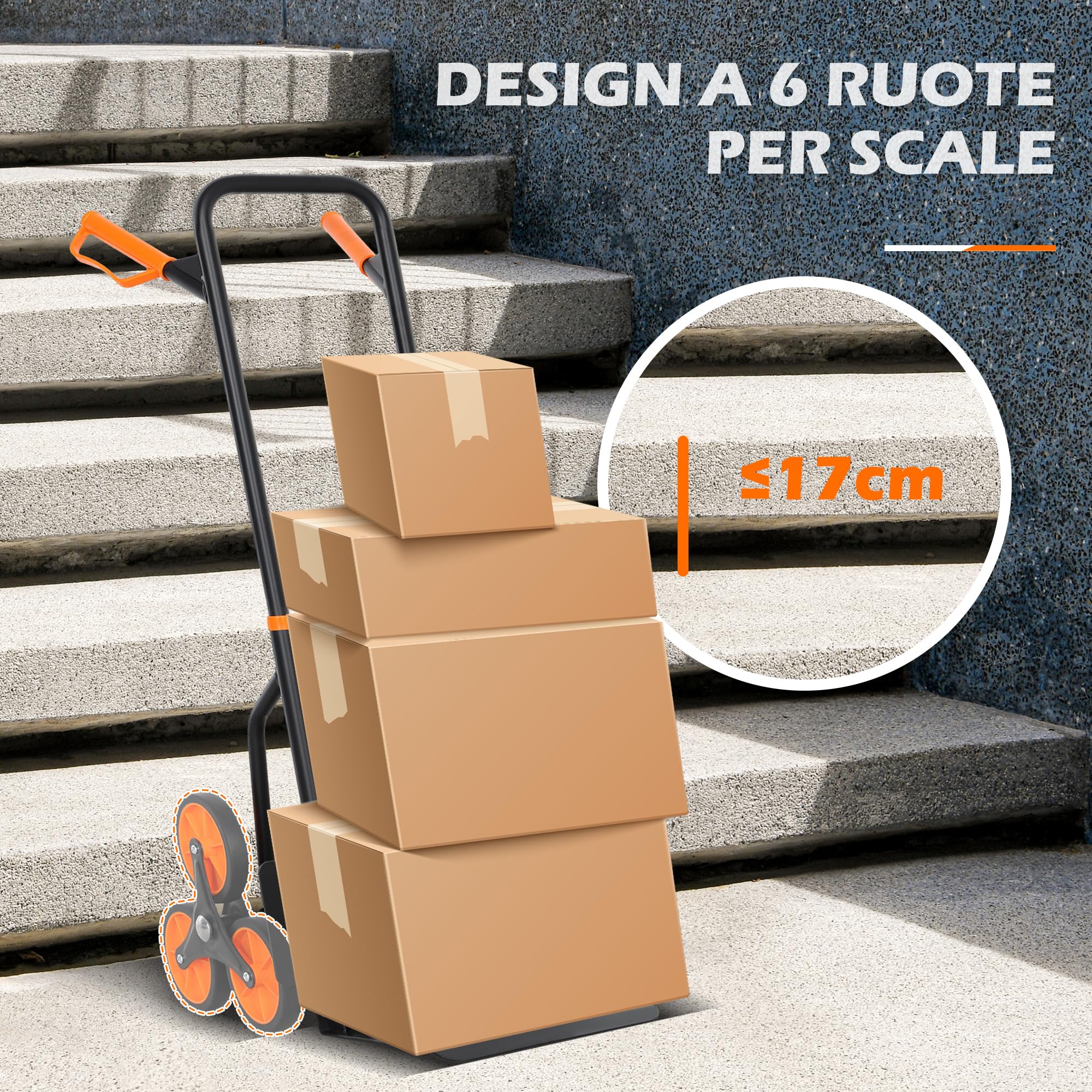 DURHAND Carrello Portapacchi per Scale 6 Ruote, Carrello Pieghevole, Portata 120kg, Carrello con Ruote Portatutto, Telaio Acciaio, Maniglia in PP, per Trasloco, Giardinaggio, Oggetti Pesanti Arancione