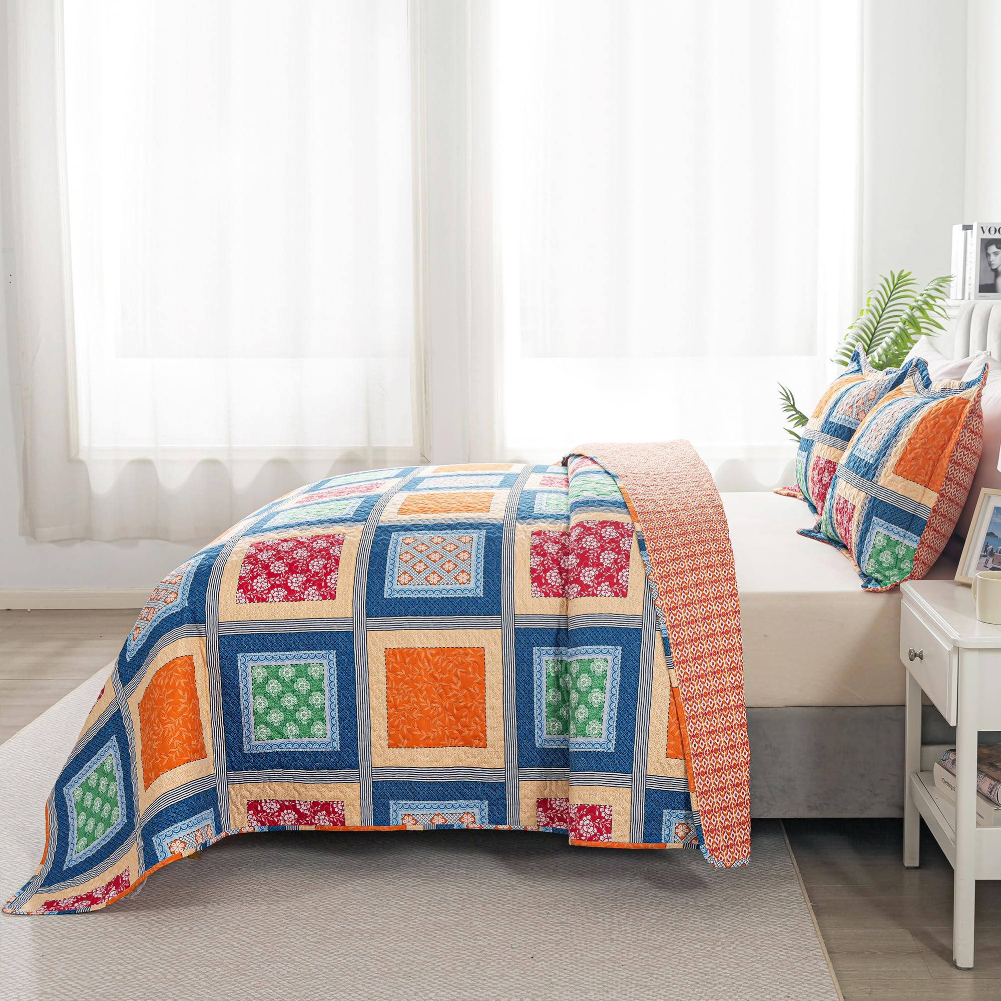 HoneiLife Parure De Lit 3 Pièces Avec Courtepointe Florale Pour Très Grand Lit – Couvre-lit Léger En Microfibre à Motif Fleurs Sauvages Rétro Pour Toutes Les Saisons, Vert Et Blanc