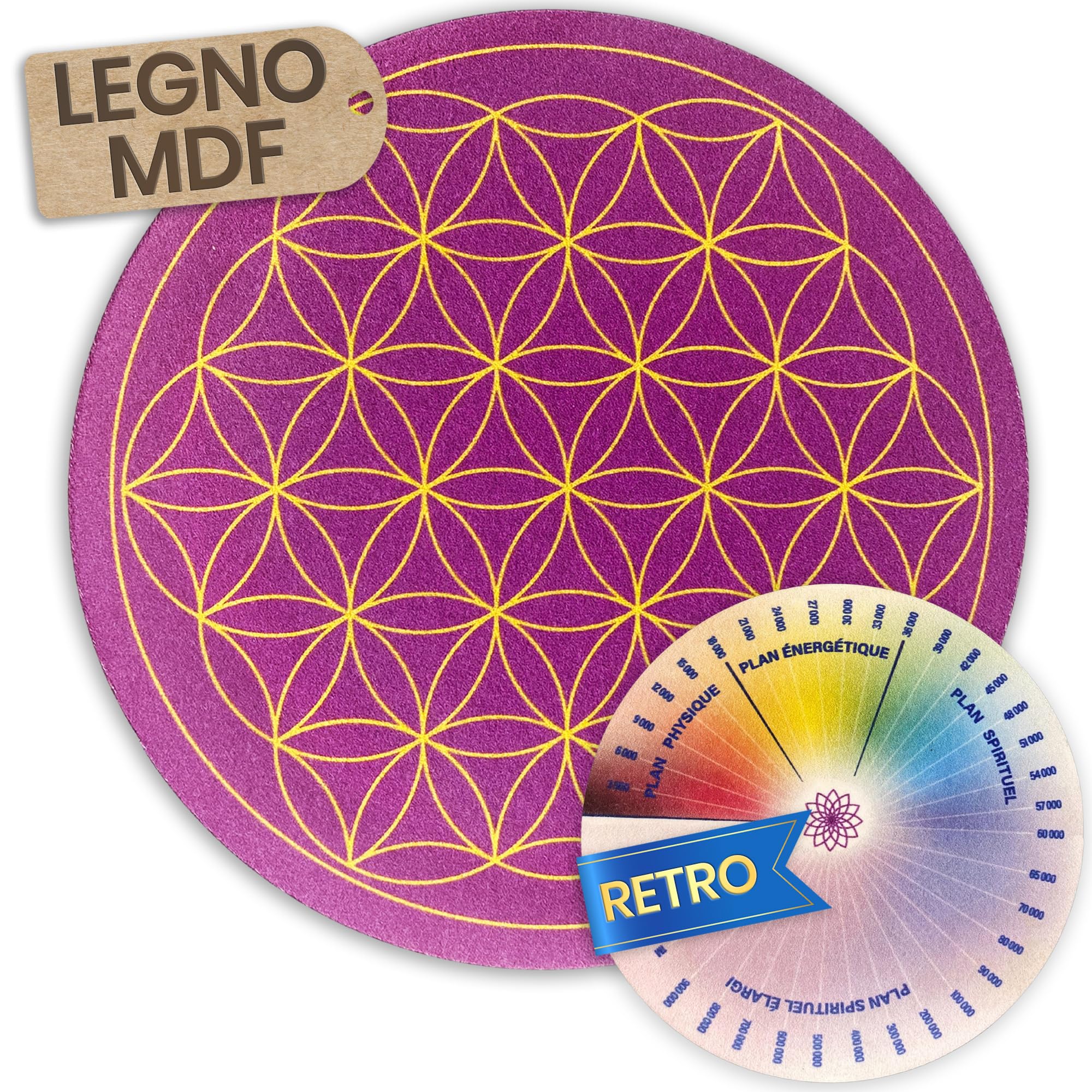 Vibratis Pendolo divinatorio in ametista + fiore della vita in legno per ricaricare le pietre e i pendoli e scala di bovis - 11,5 cm | 100% Made in France