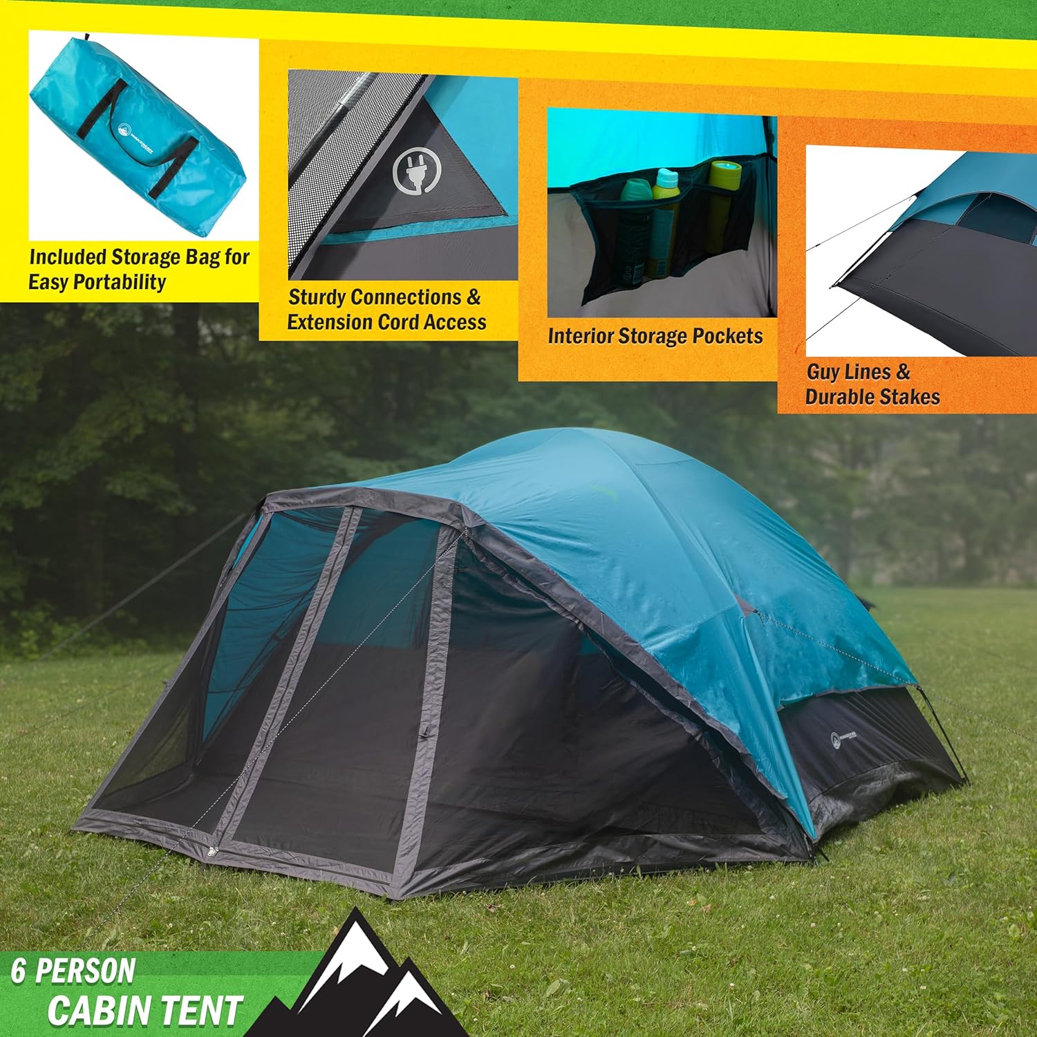 Camping Tent - Water-Resistant Cabin Style Outdoor Shelter with Built-in Screen Tent and Carrying Bag by Wakeman Outdoors