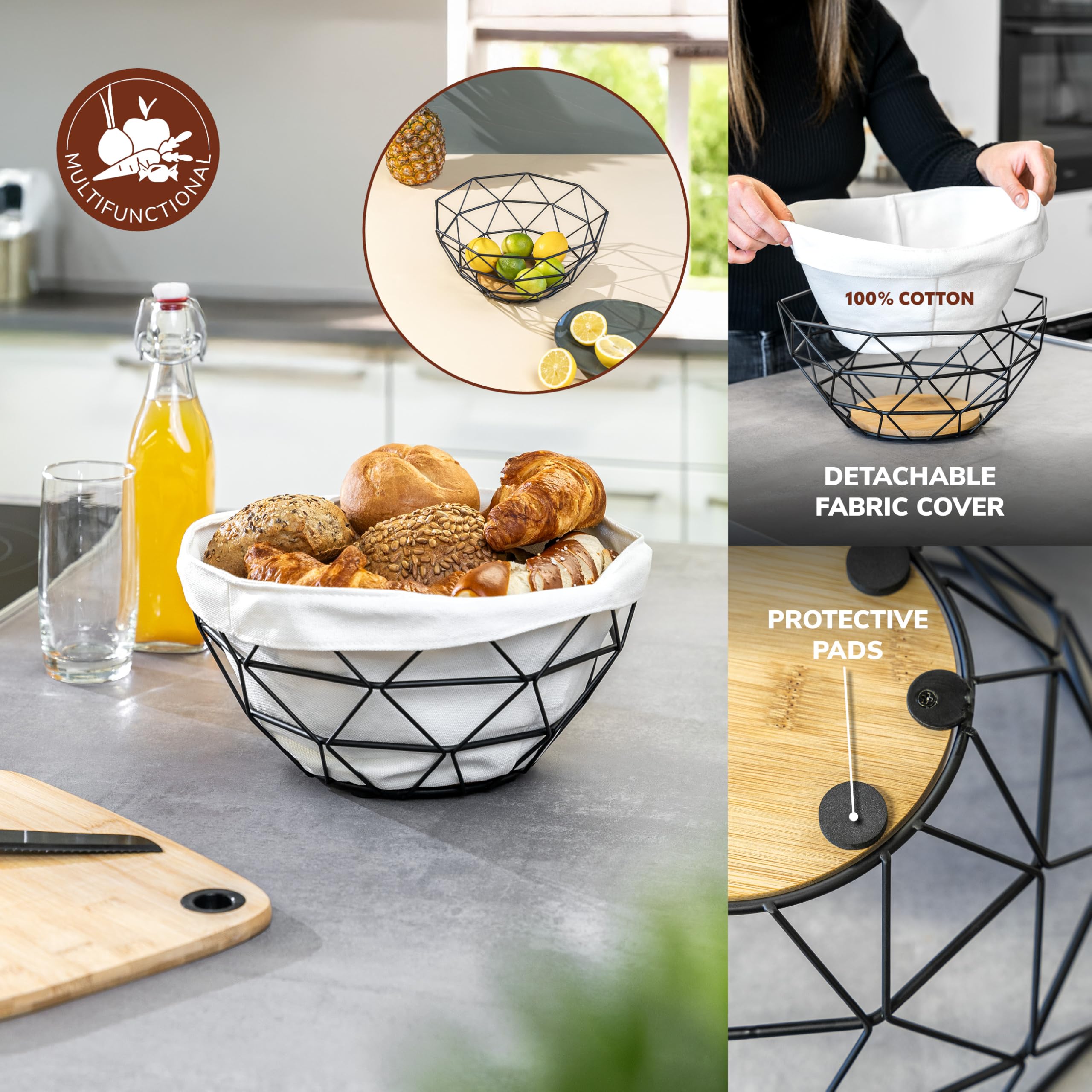 eluno Juego de 2 paneras: panera cuadrada de plástico blanco y cesta de metal con funda de tela lavable, ideal para pan, frutas, verduras y aperitivos