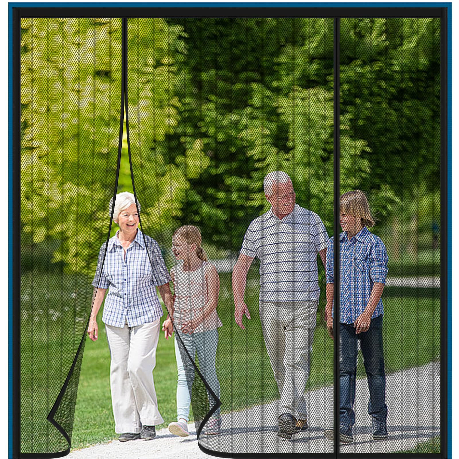Alwayswhy Magnetic Fly Screen Door, Fly Curtains, Anti Mosquito Polyester Mesh Screen Door with Full Frame Magic Tape and Powerful Magnets for Keep Insects Out, Black Stripes, 260(65/130/65) 190cm — image 1