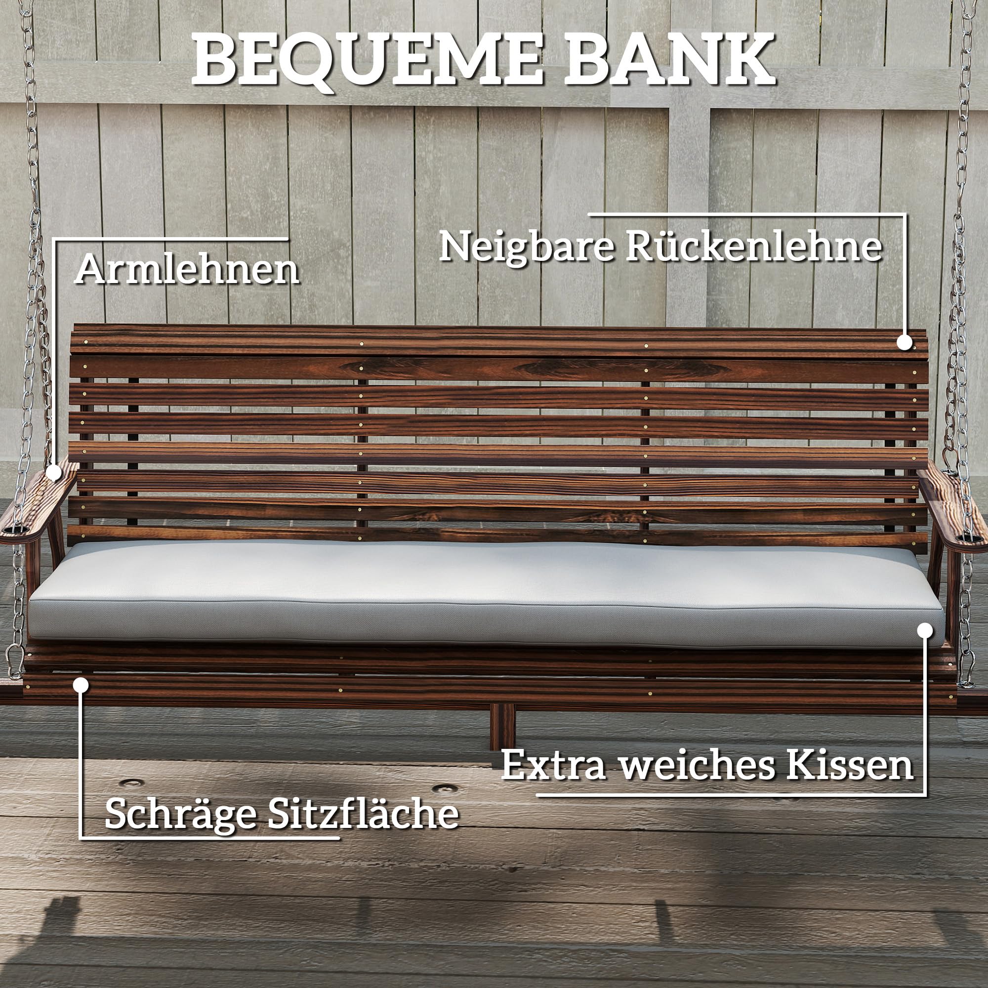 Outsunny Dondolo Hollywood, altalena da giardino a 3 posti, in legno, con cuscino, portata fino a 330 kg, per giardino, terrazza, 243 x 134 x 170 cm, carbonizzato