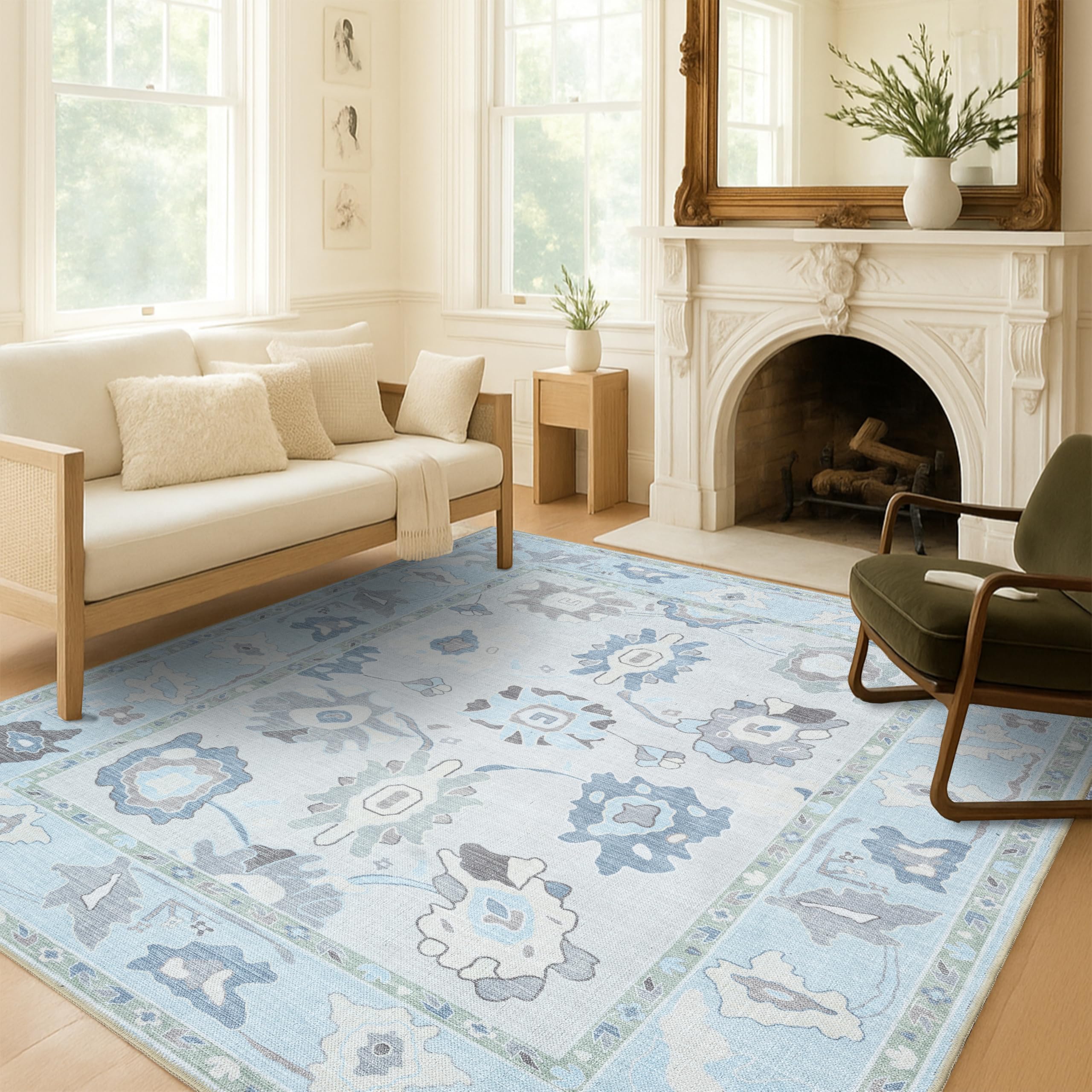Fame Living Cream Blue Oushak Rug, Modern, Vintage, Turkish, Eclectic, Floral, Pastel, Washable, Area Rugs for Living Room, Dining, Bedroom, Nursery,