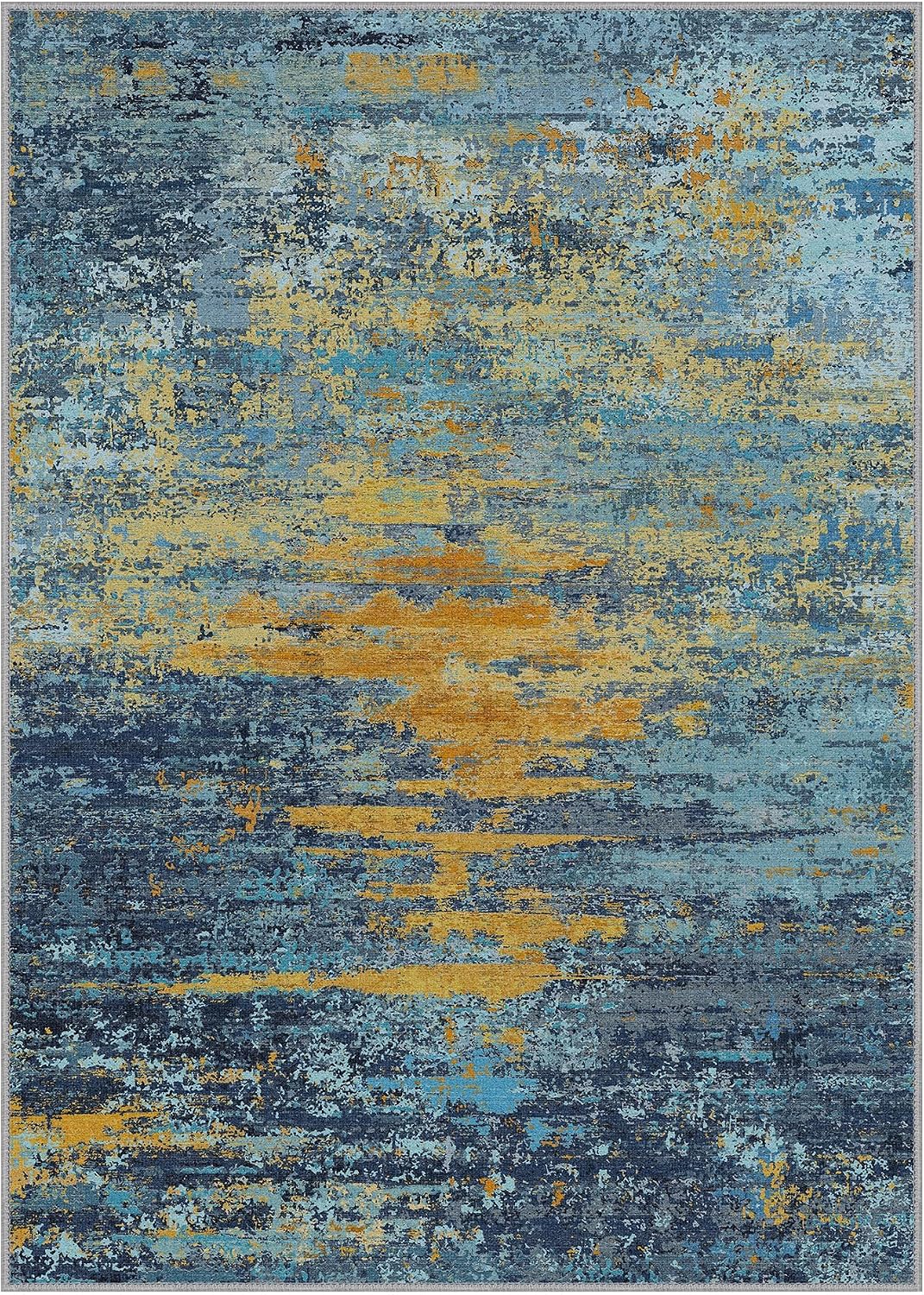 BEIMO 5x7 Area Rugs Machine Washable Rug for Bedroom Living Room, Modern Abstract Large Mat for Dining Room, Indoor Low Pile Carpet Soft Rugs with Non Slip Rubber Backing,Blue/Orange