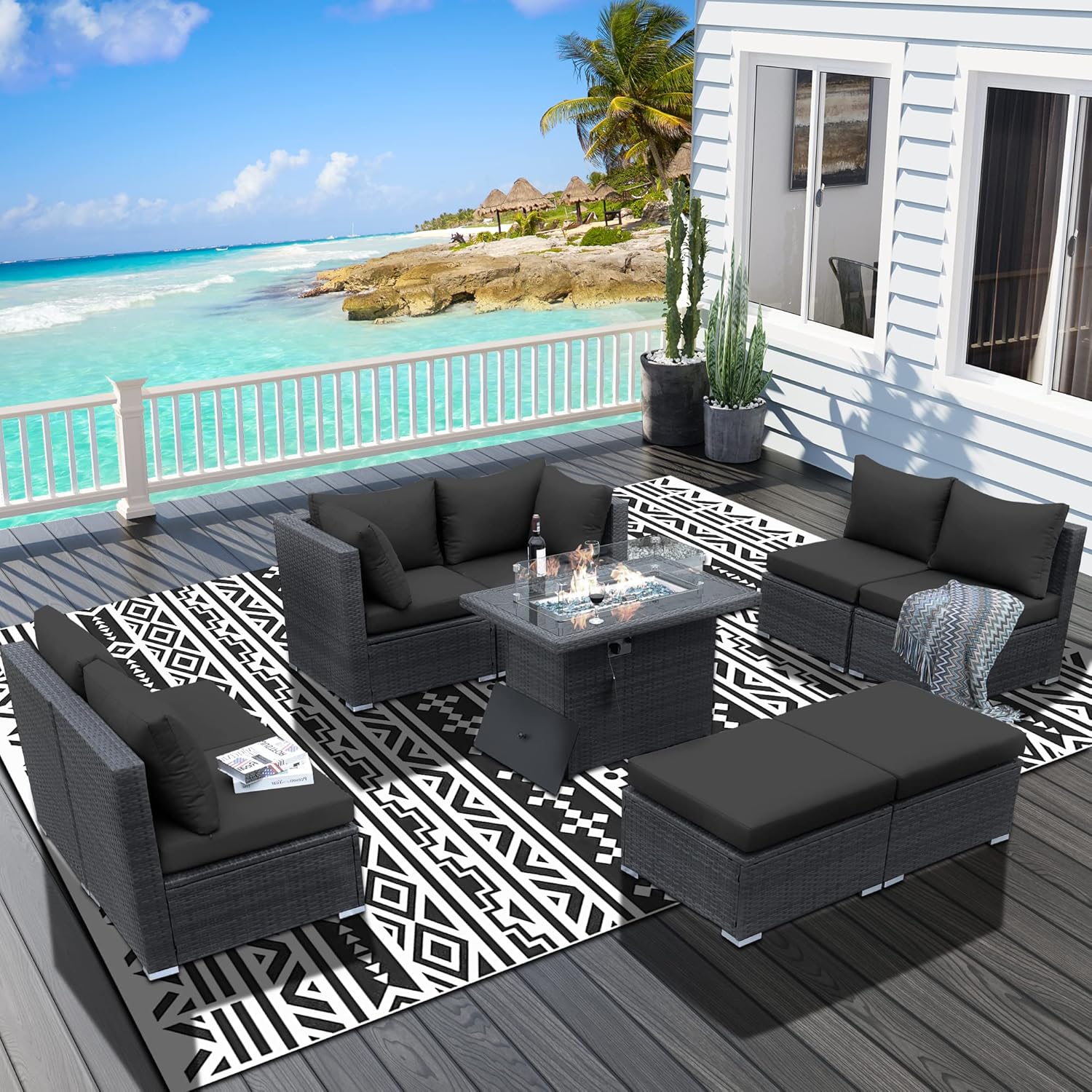 BULEXYARD 9PCS Large Outdoor Patio Furniture Set with Propane Fire Pit Table, High Back Wicker Patio Sectional Furniture PE Rattan Sofa Conversation Sets w/CSA Approved 43" Gas Fire Pit (Dark Grey) : Patio, Lawn & Garden