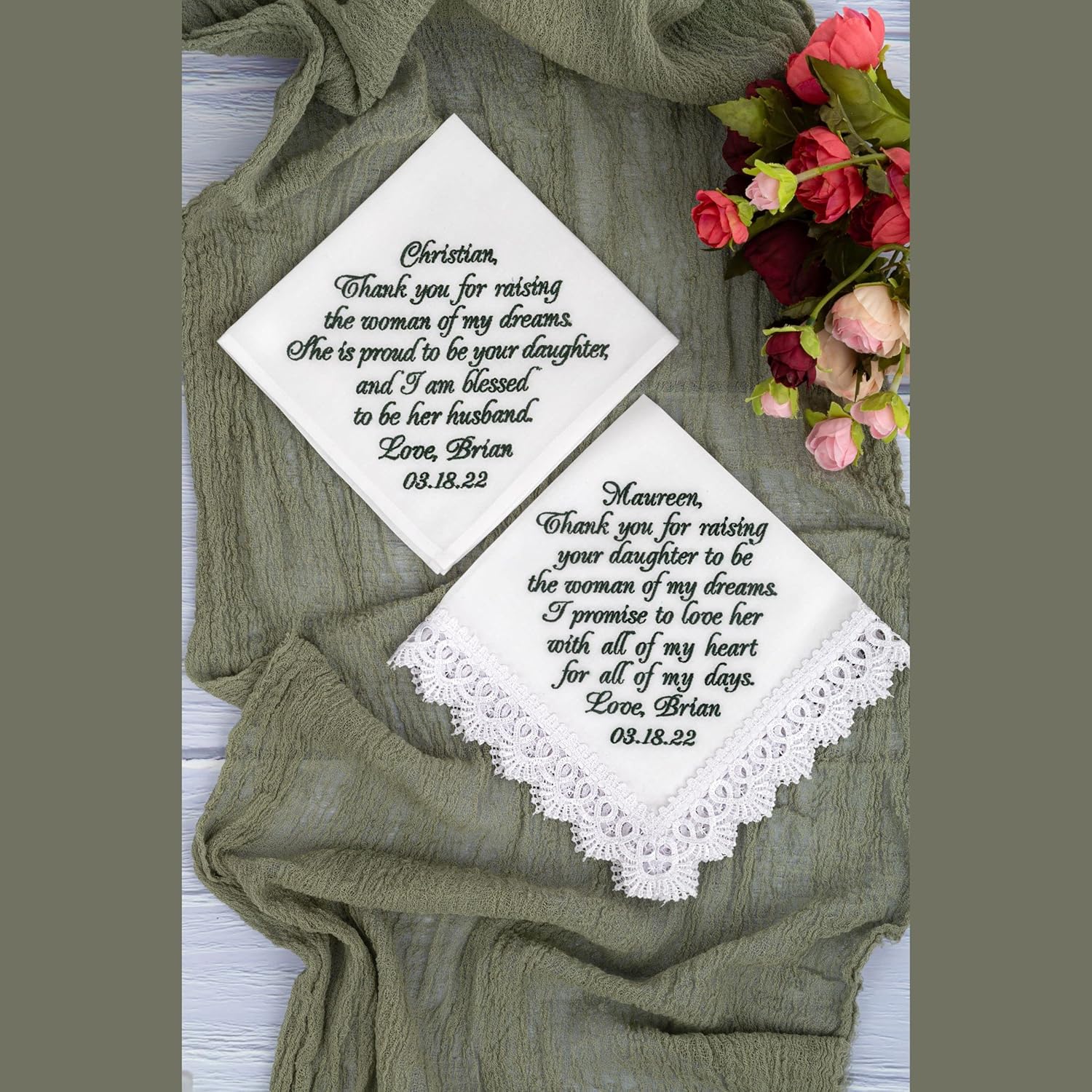 Custom Embroidered Cotton Handkerchiefs for Parents – Personalized with Names, Wedding Date & Special Messages – Lace for Mom - Image 6