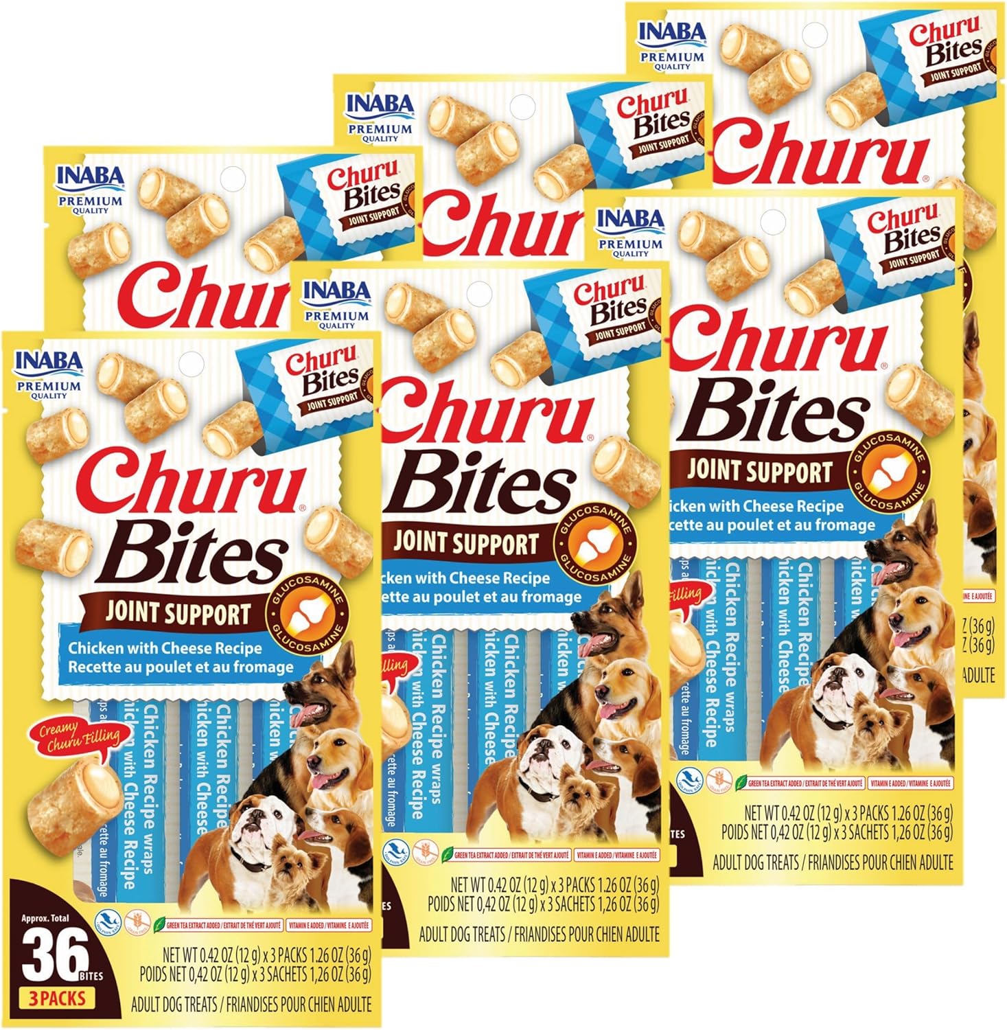 INABA Churu Bites Joint Support for Dog, Functional Lickable Dog Treat with Taurine & Green Tea Extract, 1.26oz Each, 18 Tubes Total, Chicken with Cheese Recipe
