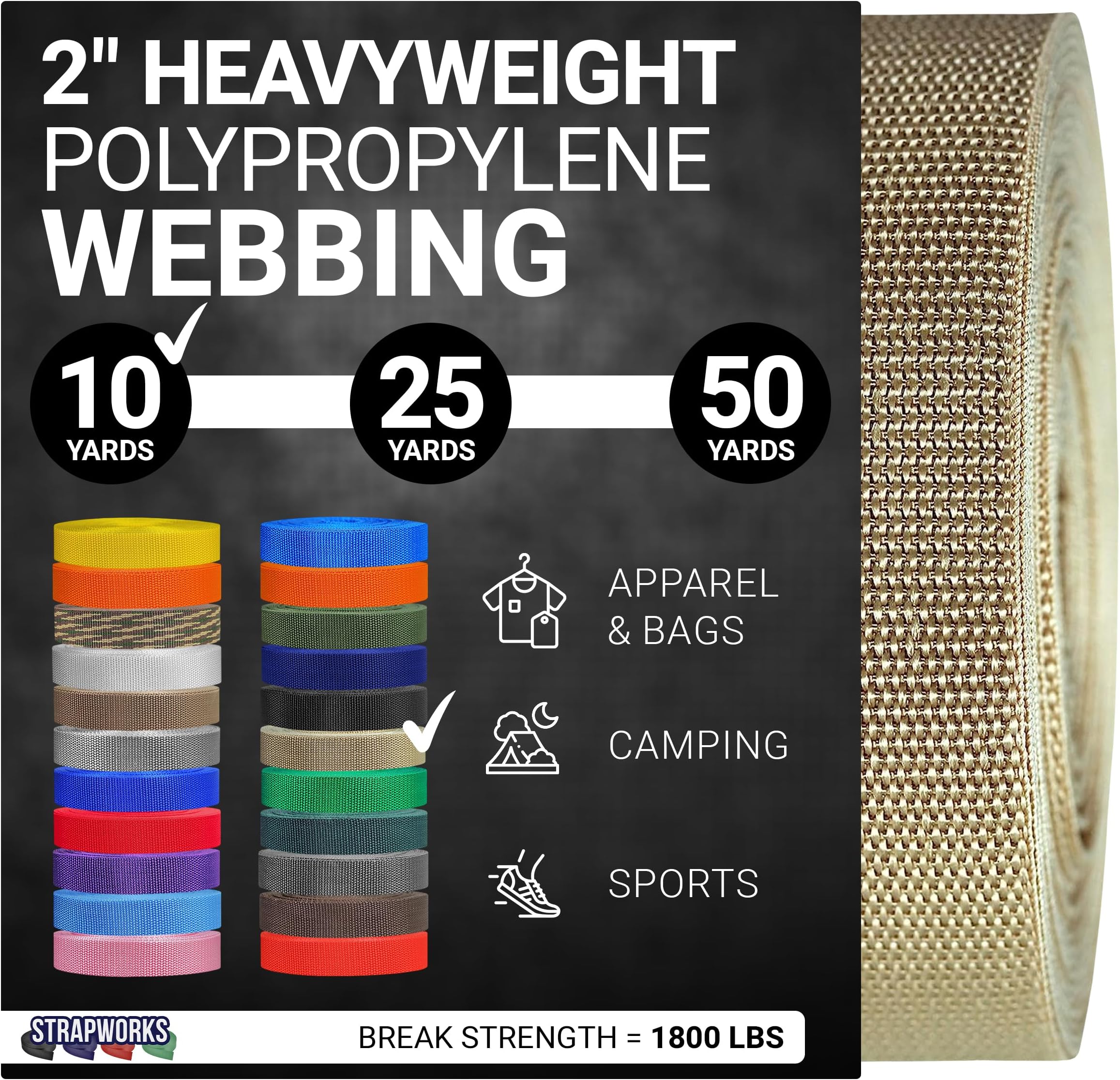 Strapworks Heavyweight Polypropylene Webbing - Heavy Duty Poly Strapping for Outdoor DIY Gear Repair, 2 Inch by 10, 25, or 50 Yards, Over 20 Colors