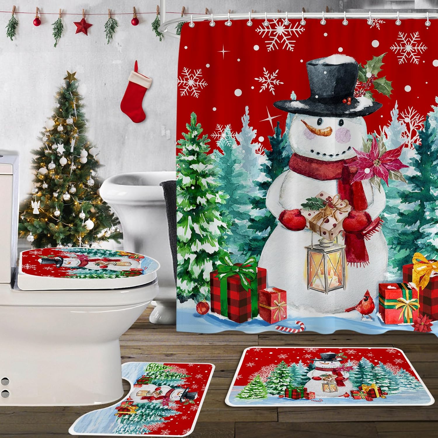 Christmas Shower Curtain Set, Christmas Bathroom Sets with