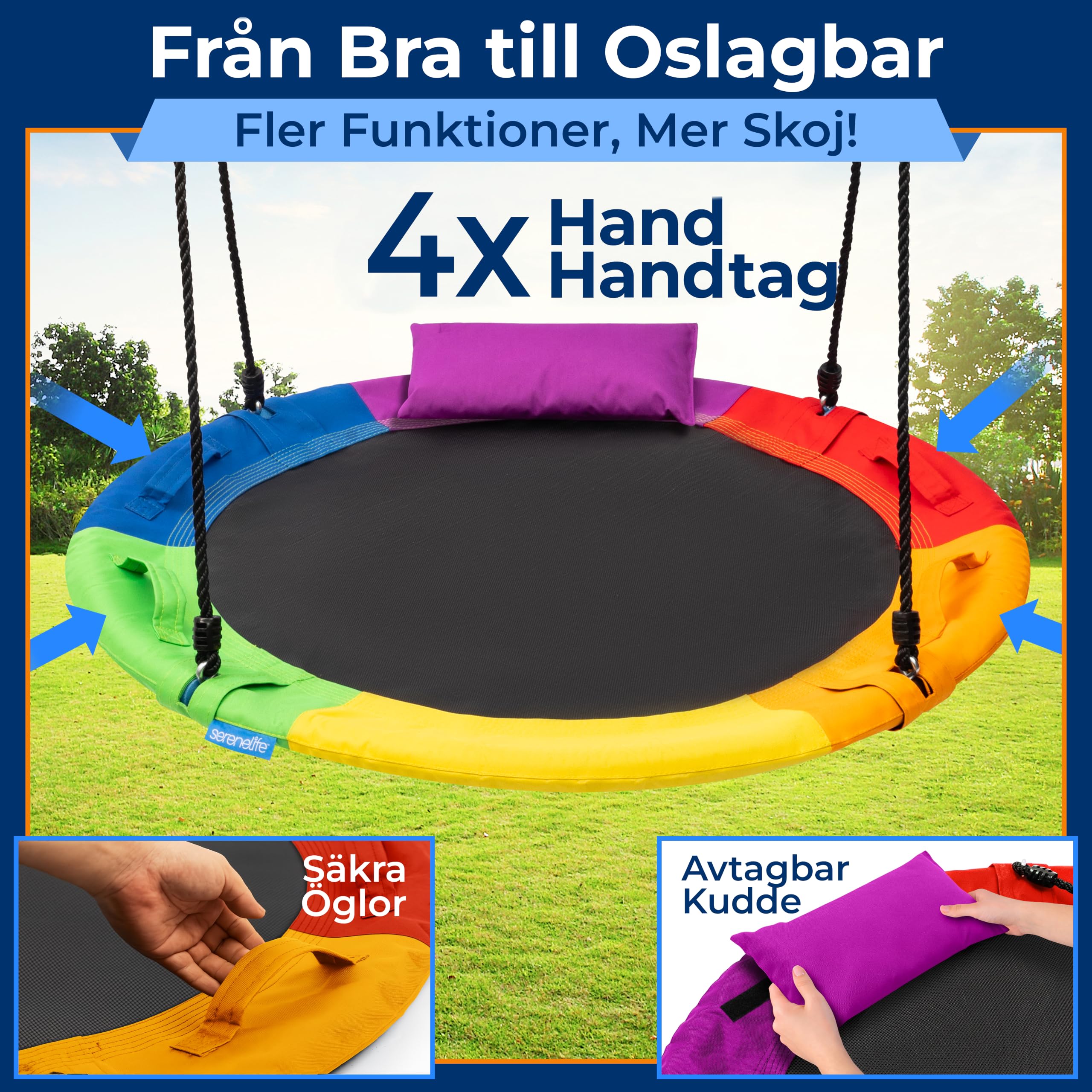 SereneLife 40" Saucer Swing - Outdoor Swing Set with Universal Hanging Kit, Swinging Seat Spinner with Pillow & Carry Bag, Weatherproof, Water-Resistant, Supports Up to 700 lbs, Rainbow