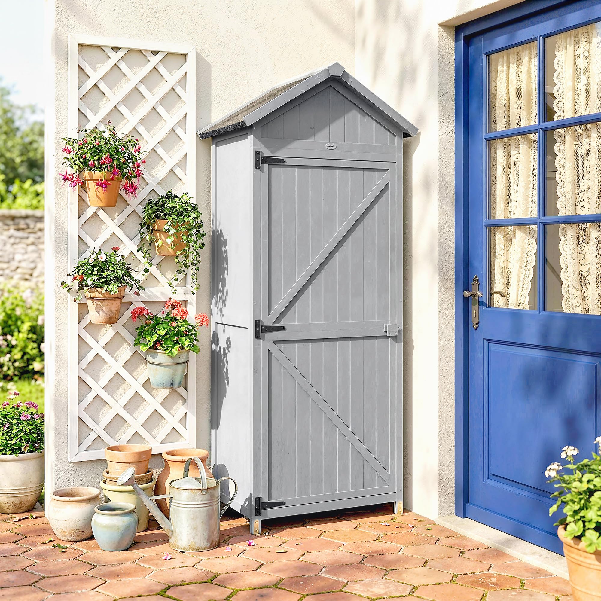 Outsunny Armadio da Giardino in Legno Abete, Casetta Attrezzi Giardino con Banco Lavoro Ribaltabile, Ripiani, Tetto Inclinato Asfalto, Capanno Porta Attrezzi per Esterno, 77x52.5x178 cm, Grigio