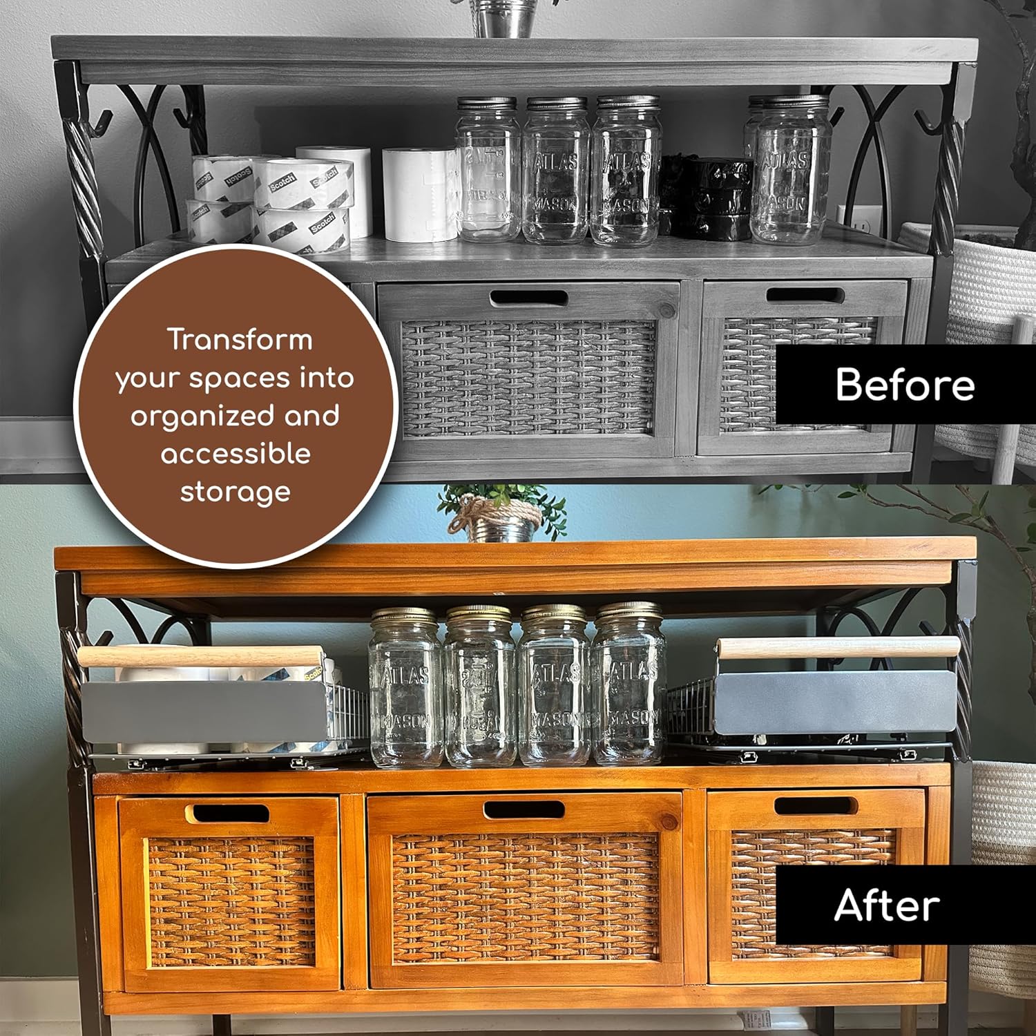 Pull out cabinet drawer organizer with wooden handle, Easy to install, Adhesive or screw on, for Kitchen, pantry, bathroom, or bedroom. W 9.25in x L 15.5in H 4.4 in (2 Pack)