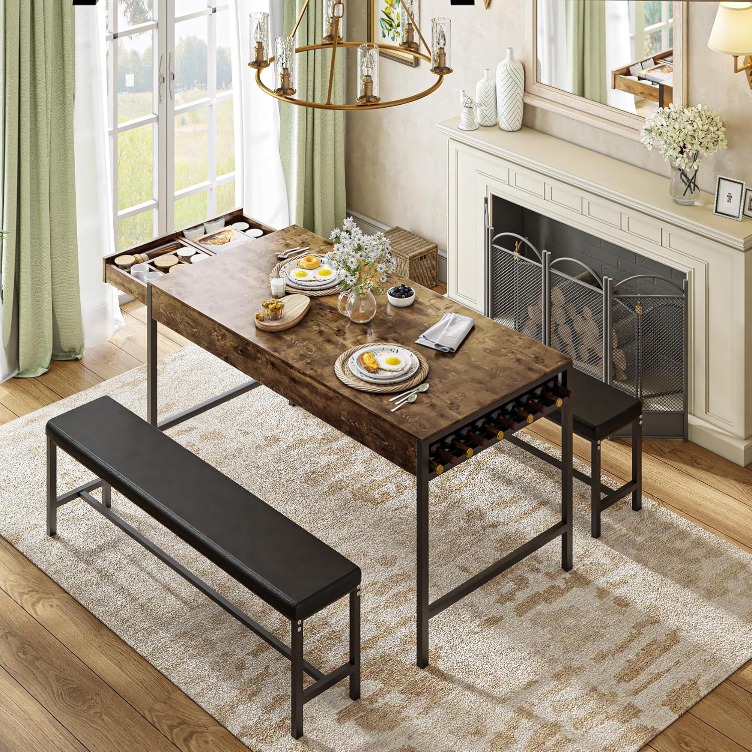 VECELO 65" Dining Table Set for 4-6, 3-Piece Kitchen Set with 2 Utensil Drawers, 2 Benches & Wine Rack, Space Saving & Heavy Duty, with Metal Frame & MDF Board, Brown