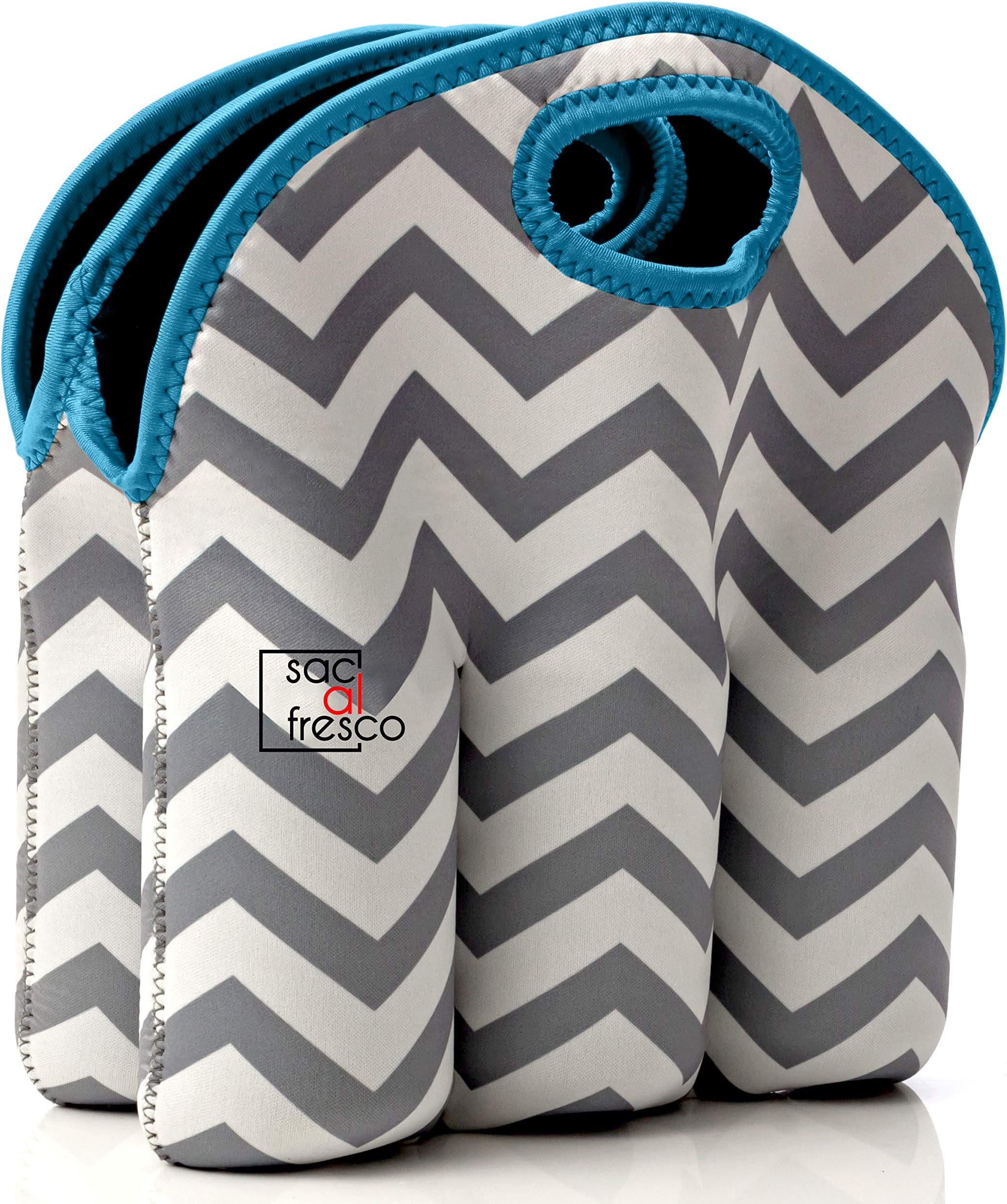 Vettore Sac al Fresco Neoprene 6 Pack Bottle Carrier, Extra Thick Insulated Baby Bottle Cooler Bag Keeps Baby Bottles Cold or Warm (gray chevron blue trim)