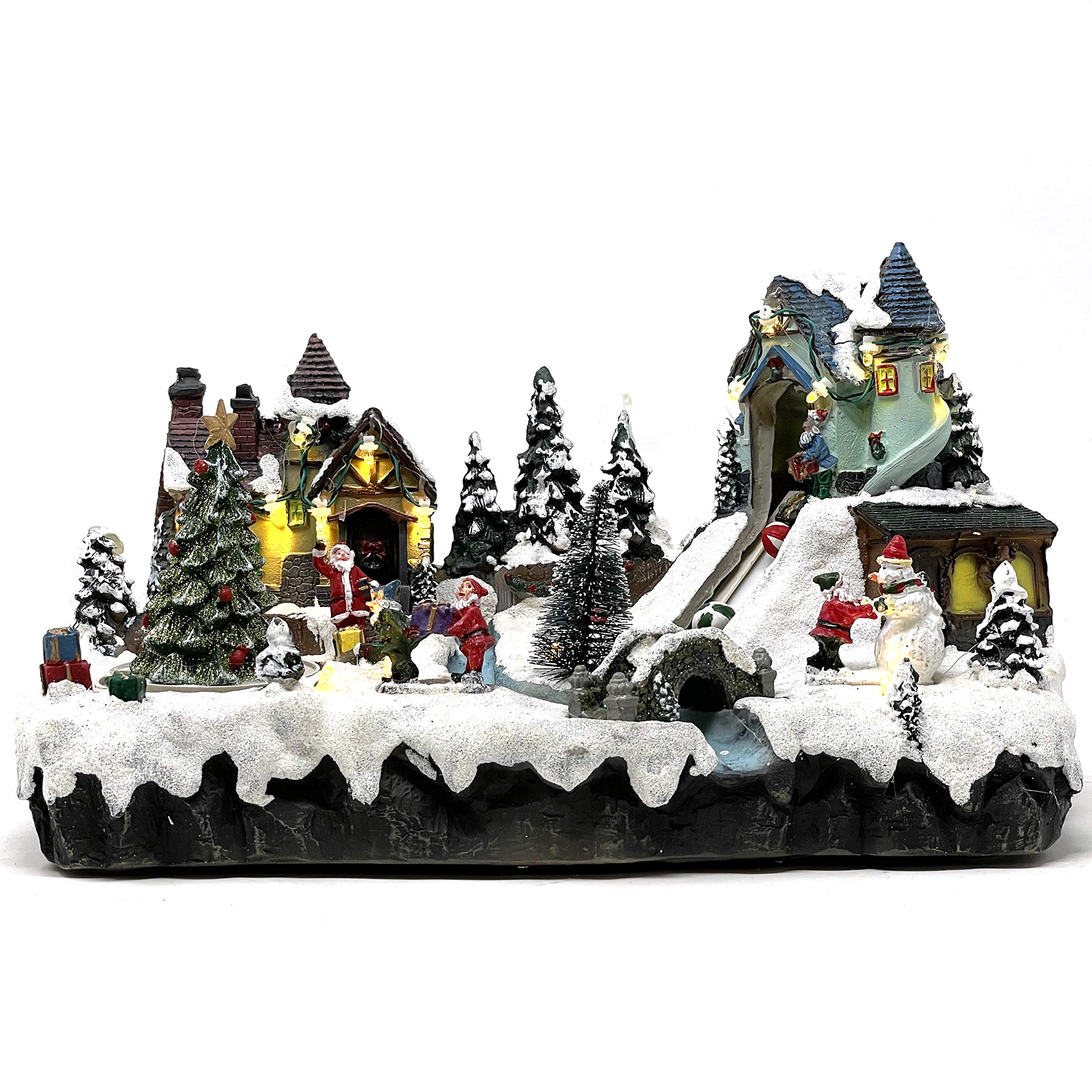 allgala Crafted Polyresin Christmas House Collectable Figurine with USB and Battery Dual Power Source-Santa Village with Moving Toy Belt-XH93417