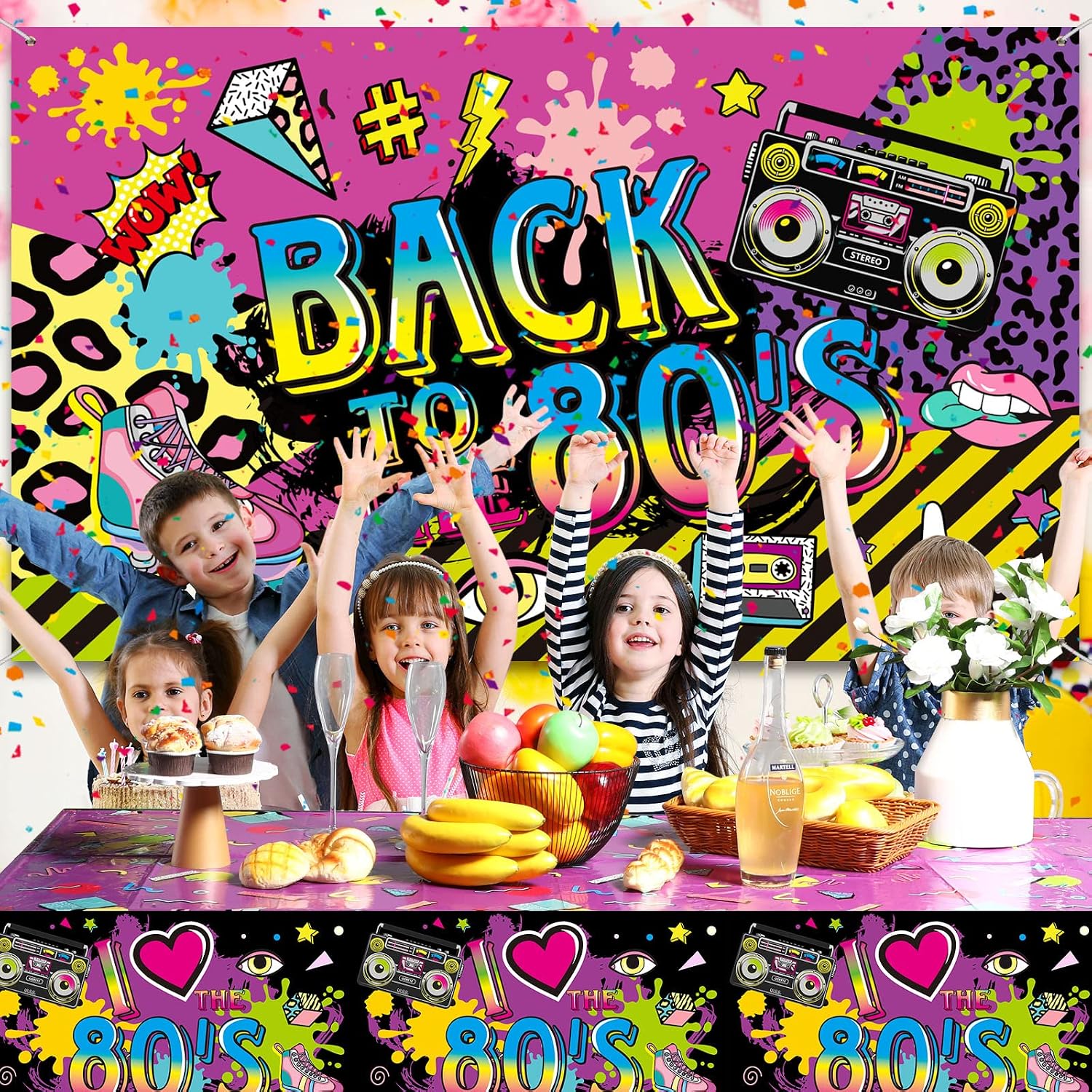 Irenare 80s 90s Party Decorations 80's 90's Party Bundle Includes Inflatable Radio Boombox and Mobile Phone, Back to 80s or 90s Backdrop, Tablecloth, 95 Pieces Balloons for Hip Hop Party (80s Style)