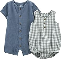 Simple Joys by Carter's Baby Boys 2-Pack Gauze Button Rompers - Soft Flutter Sleeves, Easy Snap Closures