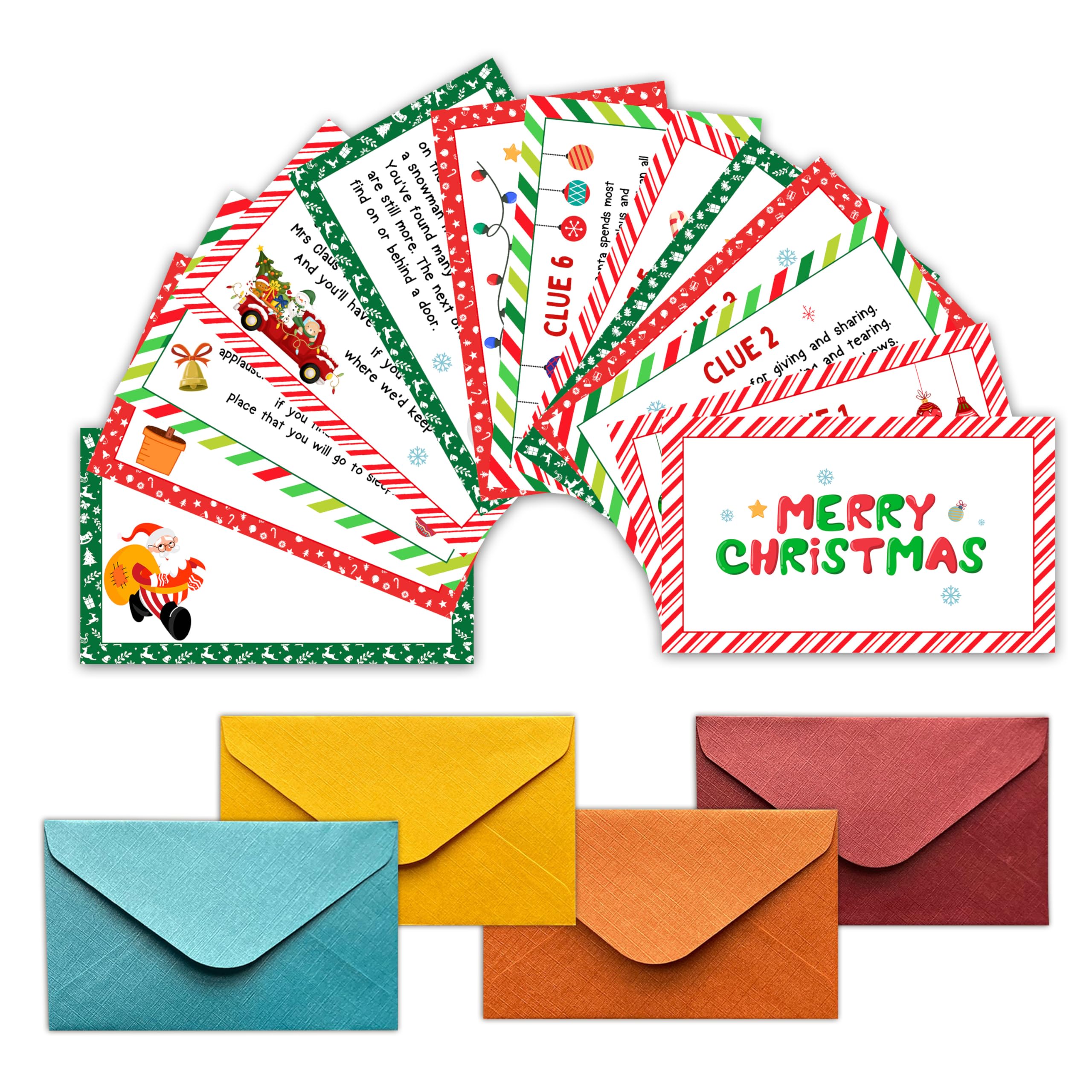 Bgohrd Christmas Treasure Hunt Clue Game, Winter Xmas Scavenger Games for Adults, Merry Christmas Party Activities, Santa Holiday Xmas Party Supplies (12 Cards with 12 Colorful Envelopes) -04