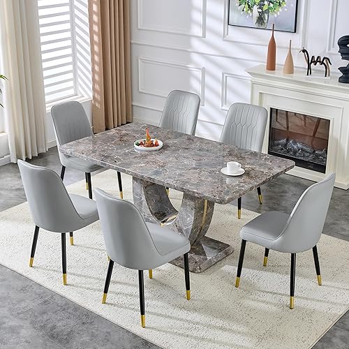Miniatura 10 de JUFU Juego de mesa de comedor moderno para 6, juego de mesa de cocina de 63 pulgadas con mesa de mármol sintético y 4 sillas tapizadas de piel