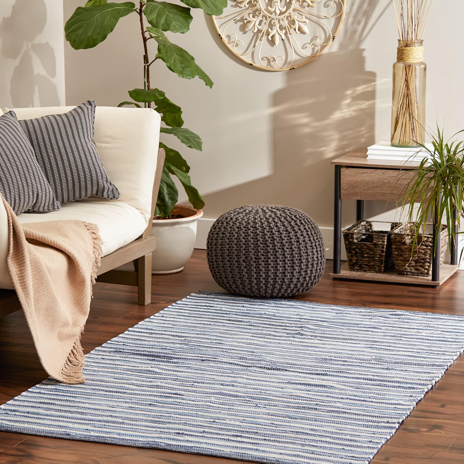 DII Chindi Home Collection Cotton Handwoven Slim Stripe Area Rag Rug, 4x6', Stonewash Blue