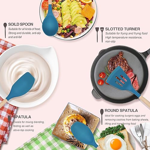 Miniatura 6 de Juego de utensilios de cocina de 12 piezas antiadherentes de silicona con mango de madera, juego de utensilios de cocina de silicona con soporte,