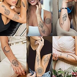 TASROI 32 Sheets Sexy Black Lotus Temporary Tattoos For Women Girls Indian Tribal Lace Tatoo Sticker Neck, Mandala Flower Butterfly Rose Tattoo Temporary Dreamcatcher Elephant Henna Tattoo Kit Adults