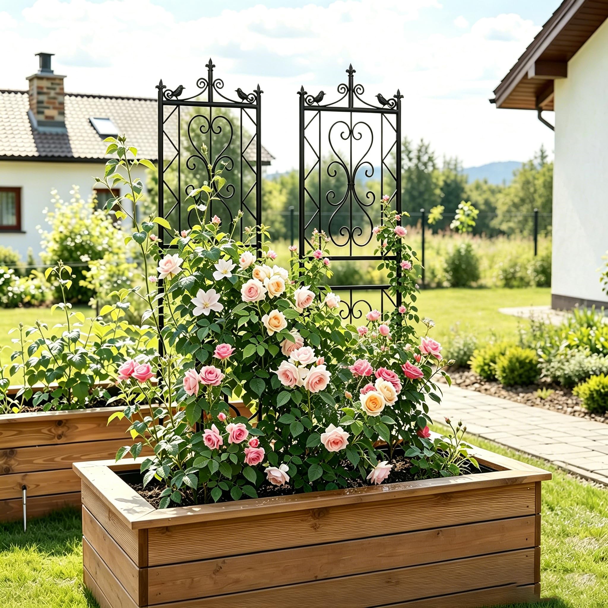 Traliccio in Metallo 195x50cm per Piante Rampicanti – Griglia Decorativa da Giardino con Uccellini – Recinzione per Fiori e Verdure, Nero (1 pz)