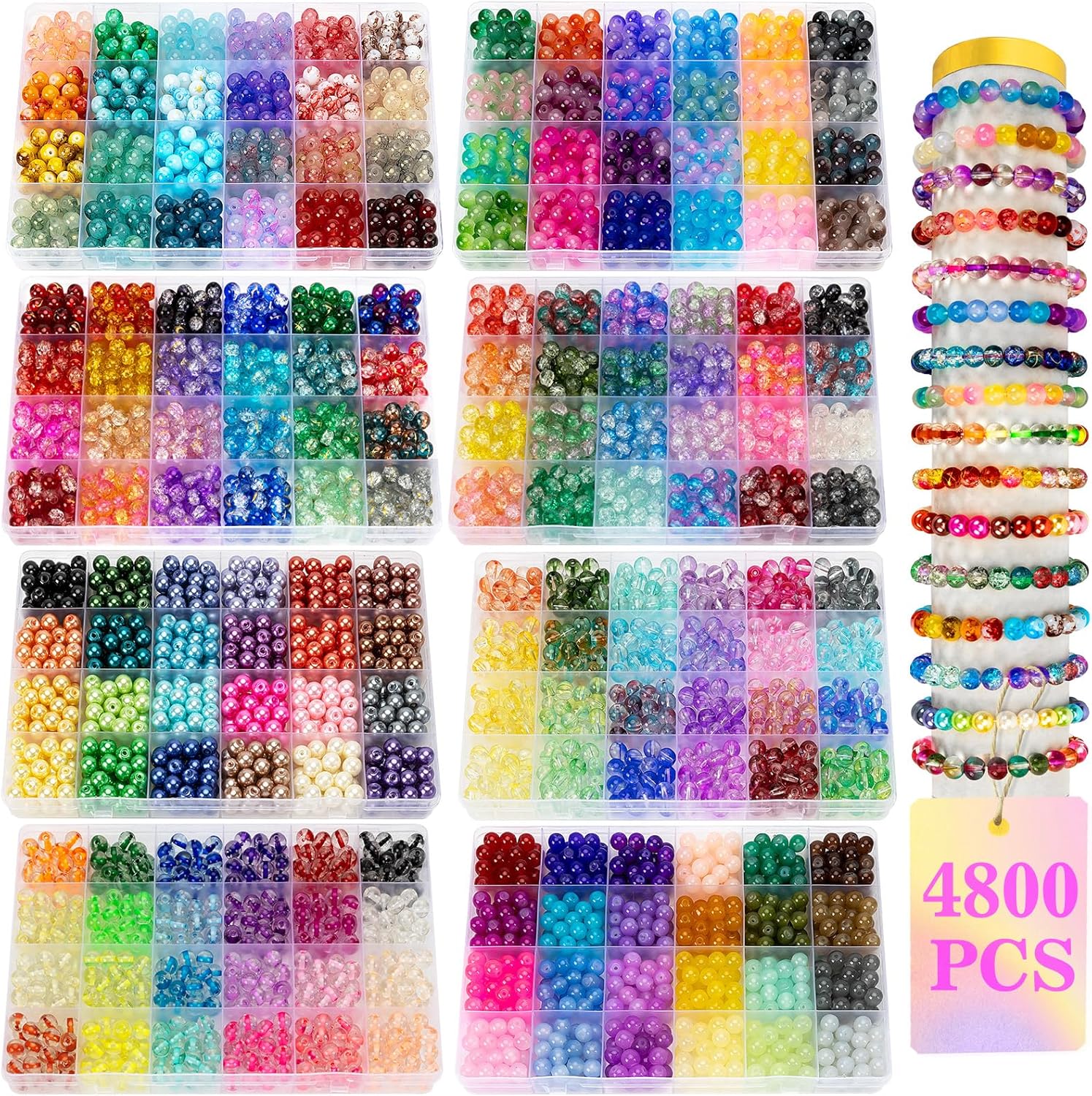 XSEINO 192 Colors 4800pcs 8mm Dream Candy Colorful Series Glass Beads Bracelet Making Kit,8 Box Different Unique Styles Crystal Bead for Making and DIY Crafts