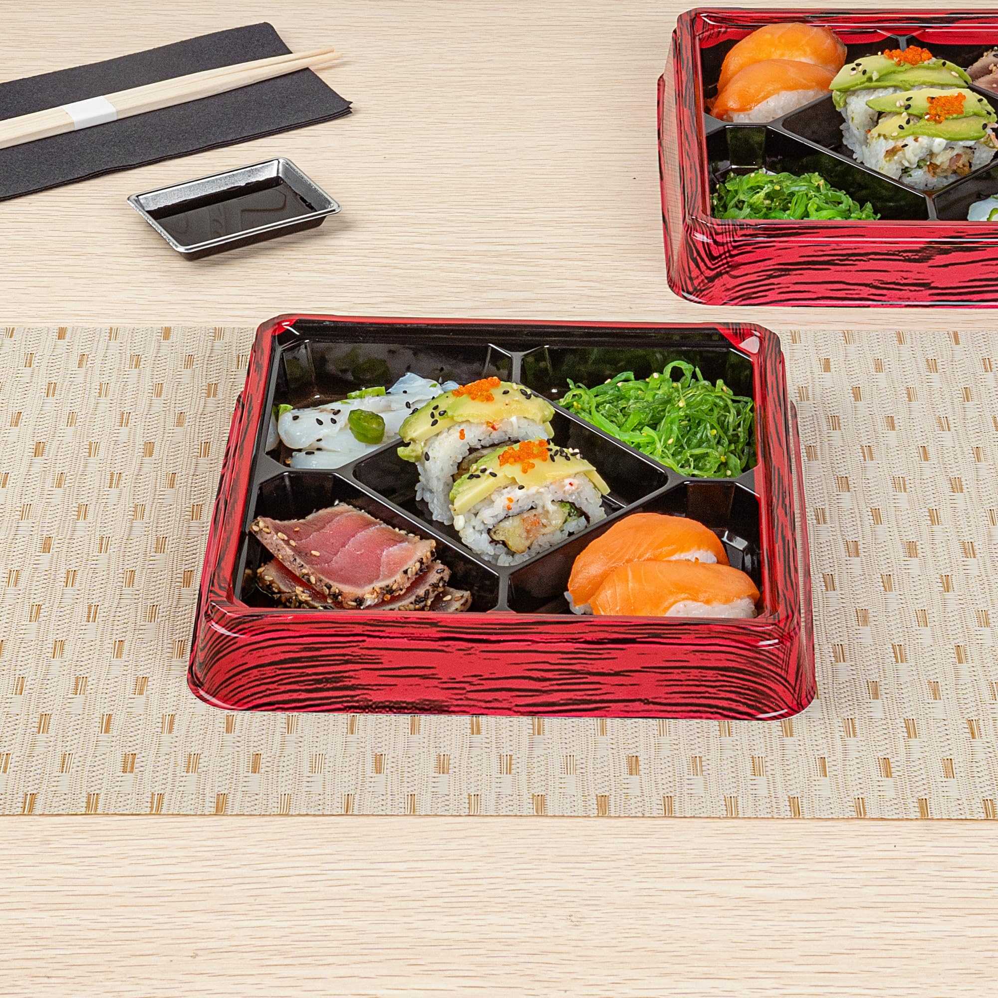 Restaurantware -Bento Tek - Contenedores de preparación de comidas de 18 onzas, 50 cajas desechables para alimentos, las tapas se venden por separado, 5 compartimentos, cajas de almuerzo Bento de