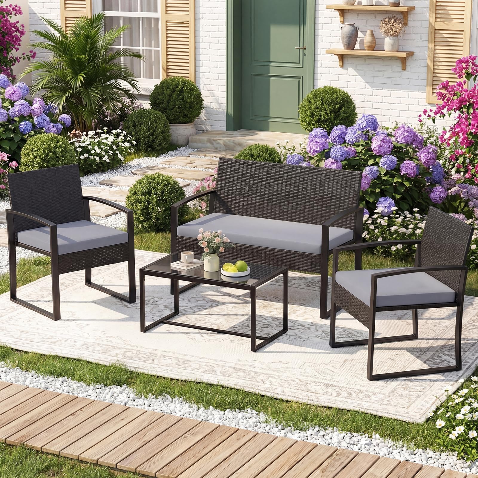 COSTWAY Rattan Gartenmöbel Set, Outdoor Lounge Möbel, Balkonmöbel Kleiner Balkon, Sitzgruppe mit 2 Sessel, Bank, Tisch & Sitzkissen, Terrassenmöbel, Sitzgarnitur, Gartengarnitur (Grau)