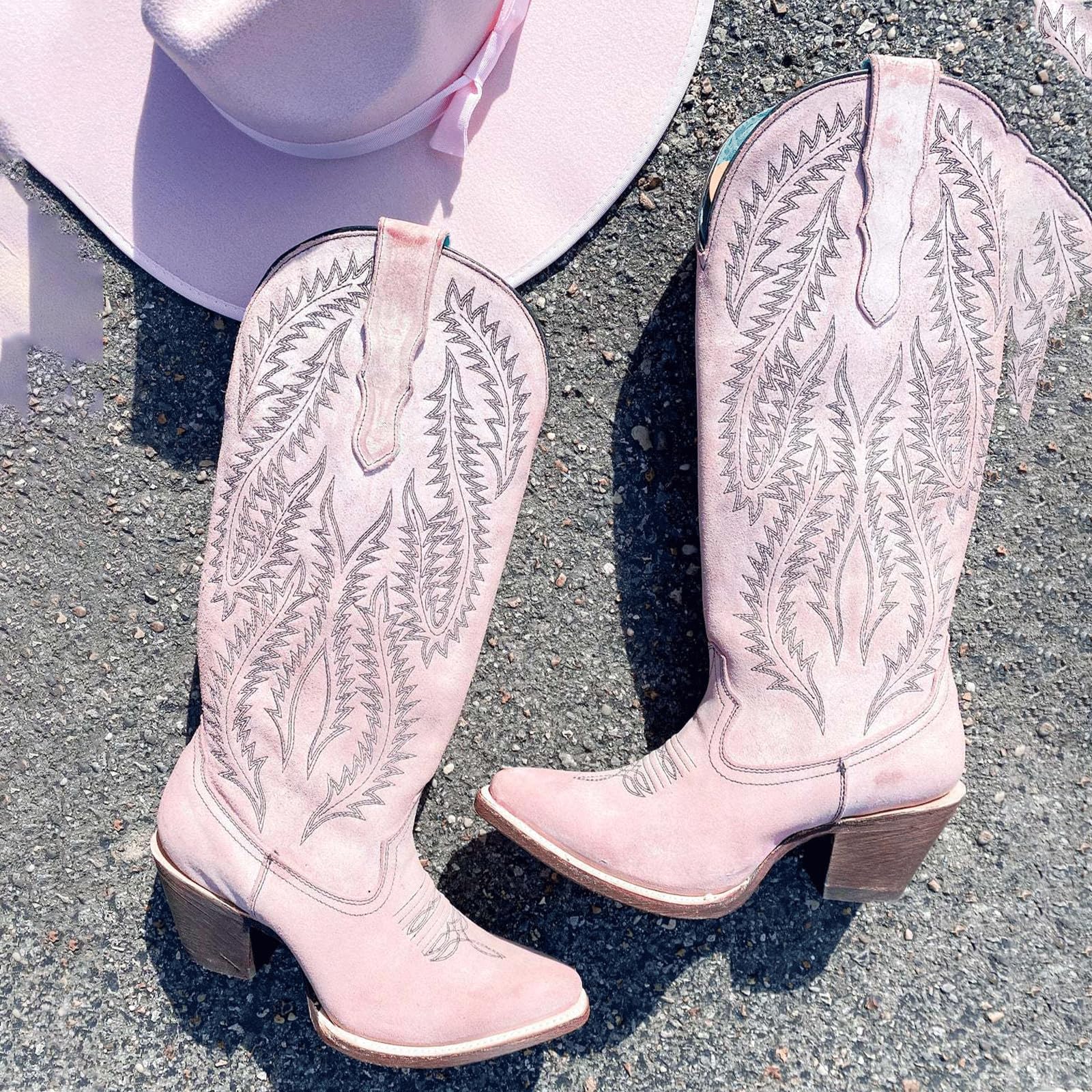 FGRID Westernstiefel für Damen mit dickem Absatz, Vintage-Cowboystiefel aus PU mit Stickerei und weitem Schaft, Winterstiefel mit seitlichem Reißverschluss und mittelhohem Schaft