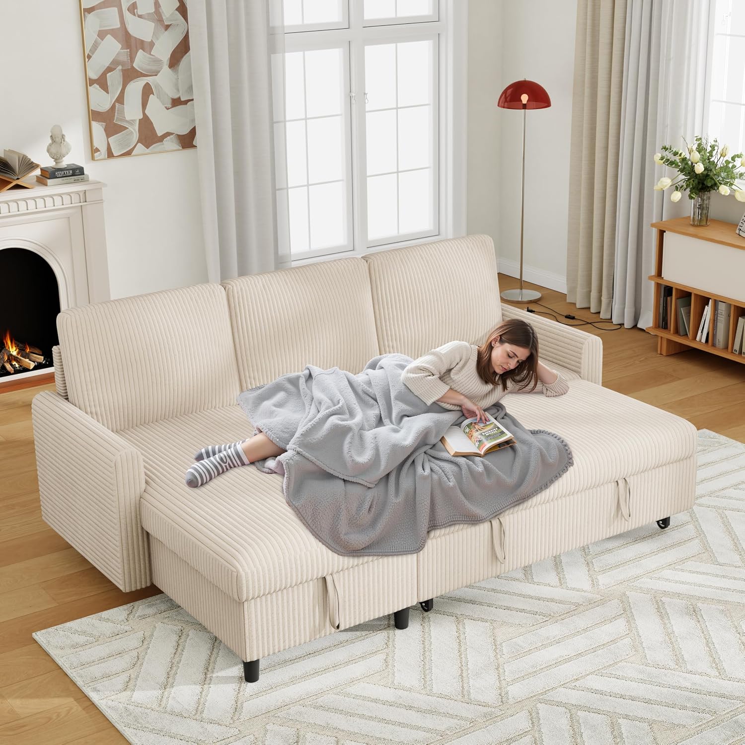 77'' Sofa Bed Sleeper Pull Out 2 in 1 Sectional Sleeper Sofa Couches with Storage, Pullout Sectional Couches for Apartment Living Room,White