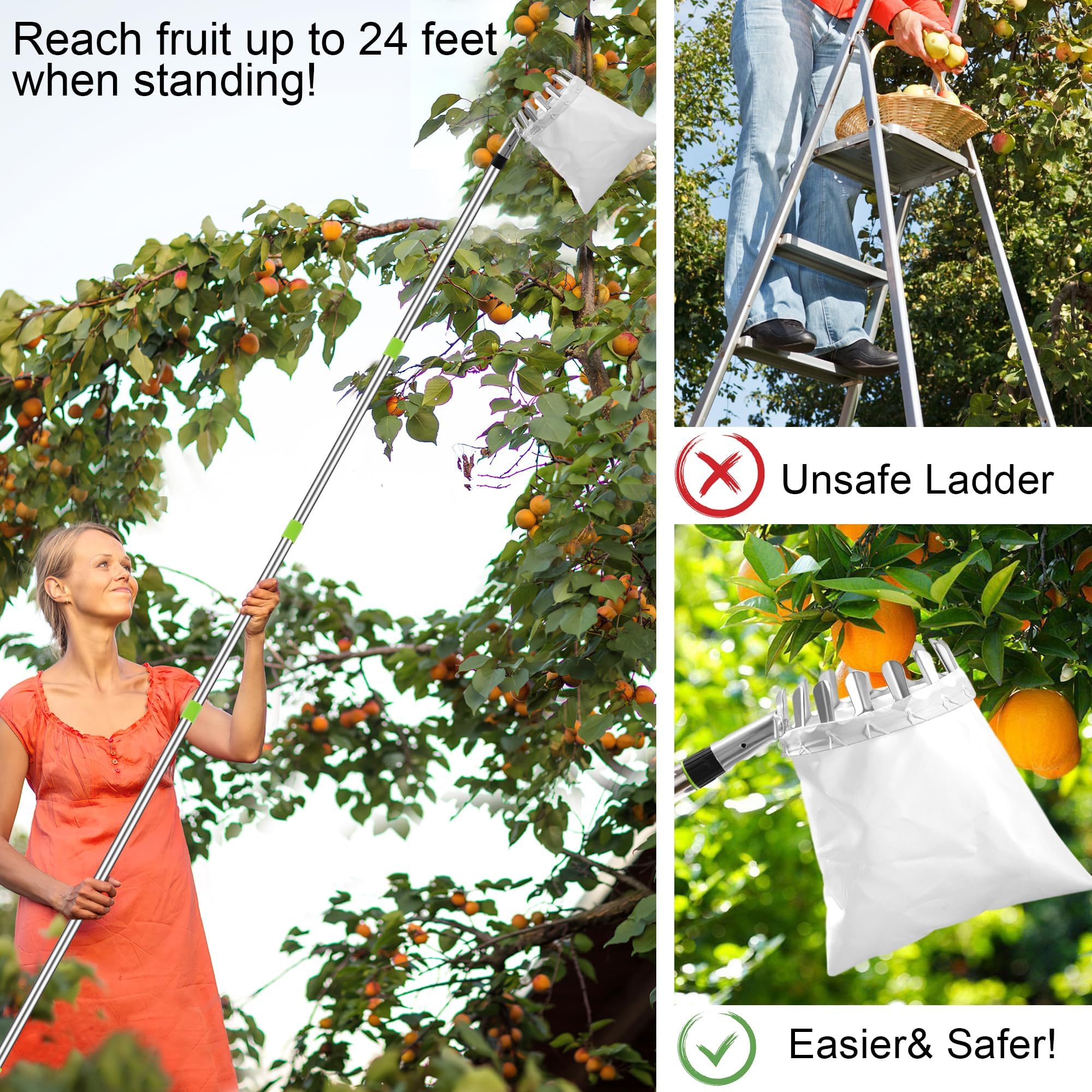 Strumento per Raccolta di Frutta,Raccoglitrice di Mele Raccogli Fichi con Leggero Regolabile Palo in Acciaio Inox Telescopico E Borsa per Limoni Mele Pere Pesche Arance Bacche 2.4m