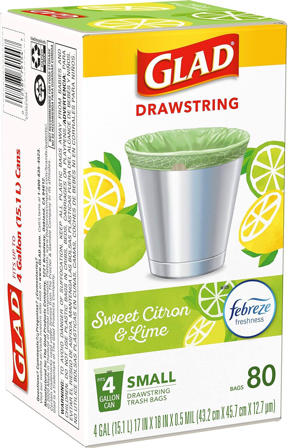 Glad Small Kitchen Drawstring Trash Bags – 4 Gallon Green Trash Bag Febreze , Sweet Citron & Lime, 80 Count (Package May Vary) : Health & Household