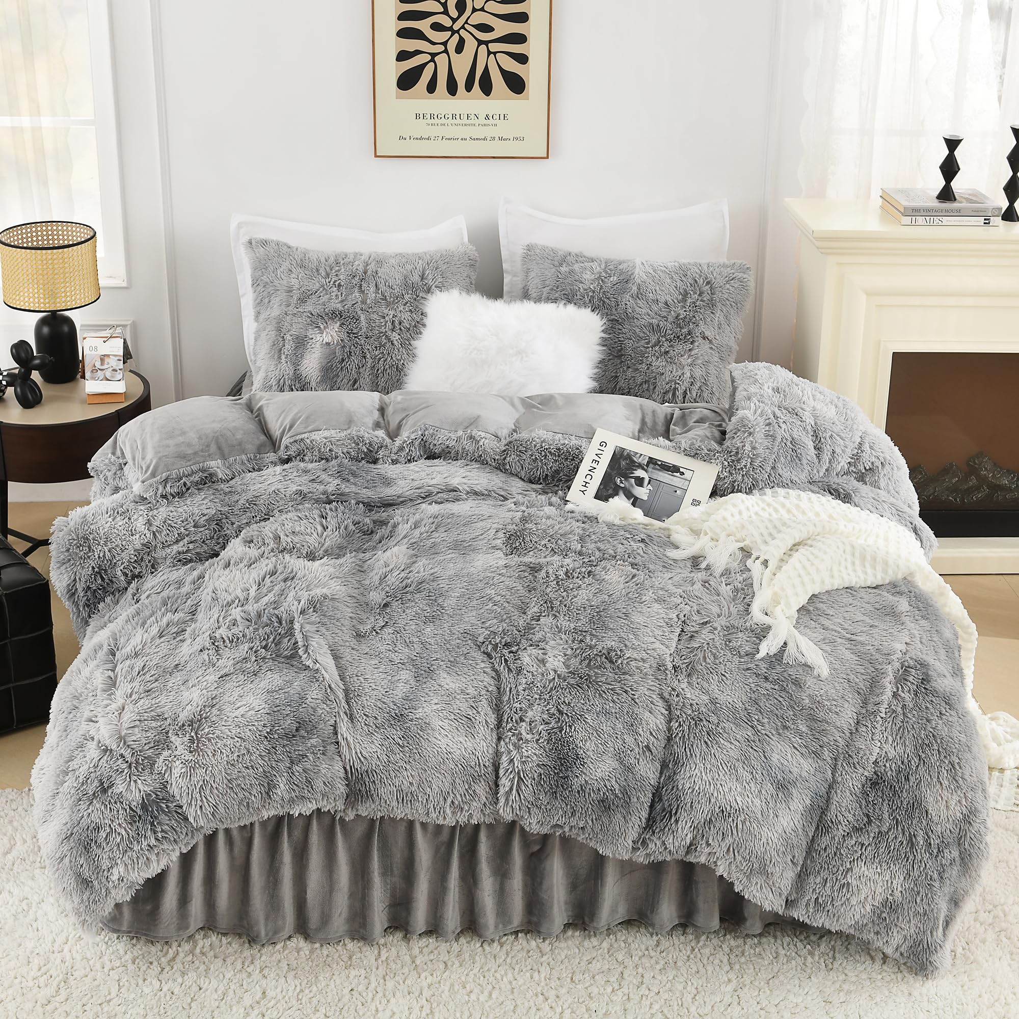 Litanika Tie-Dyed Grey White Fluffy Comforter Queen Size, Luxury Plush Faux Fur Bedding, Ultra Soft Velvet Fuzzy Bed Set 3 Pieces(1 Shaggy Comforter, 2 Pillowcases)