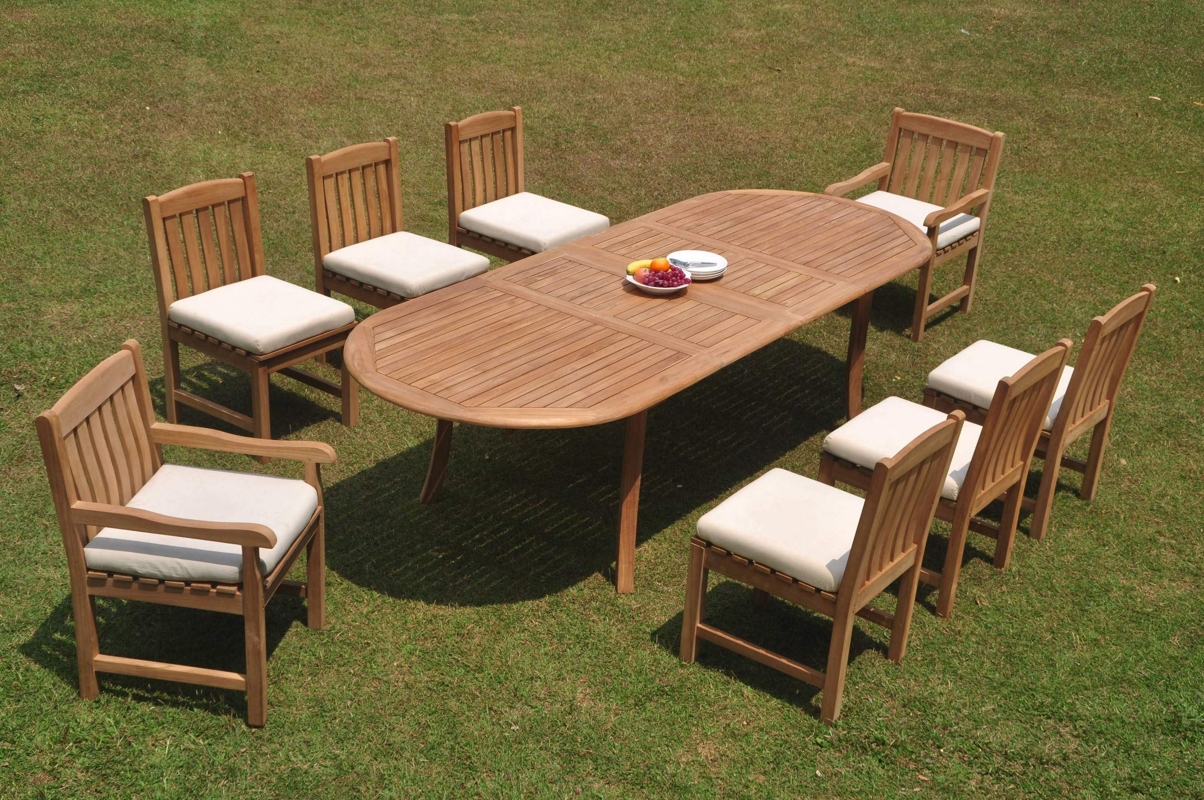 8 Seater Grade-A Teak Wood 9 Pc Dining Set: 118" Double Extension Oval Table and 8 Devon Chairs (2 Arm & 6 Armless Chairs) #TSDSDV43