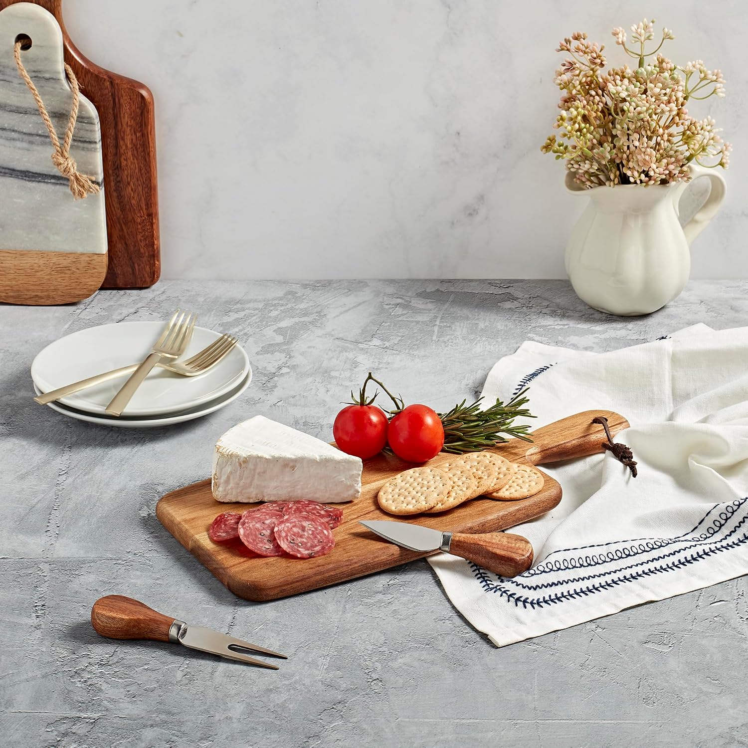 Tabletops Gallery Acacia Wood Cutting Serving Board with Handle and 2 Cheese Knives, 3-Piece Set for Charcuterie Appetizers Entertaining