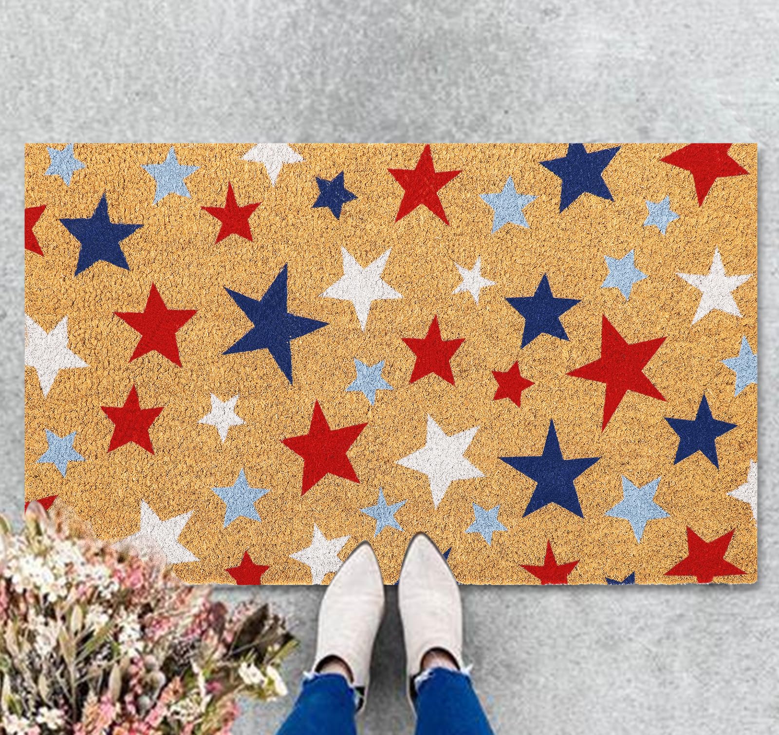JarThenaAMCS Patriotic Natural Coir Door Mat 4th of July Red Blue White Star Doormat Non-Slip Entrance Door Rugs for Independence Day Indoor Outdoor