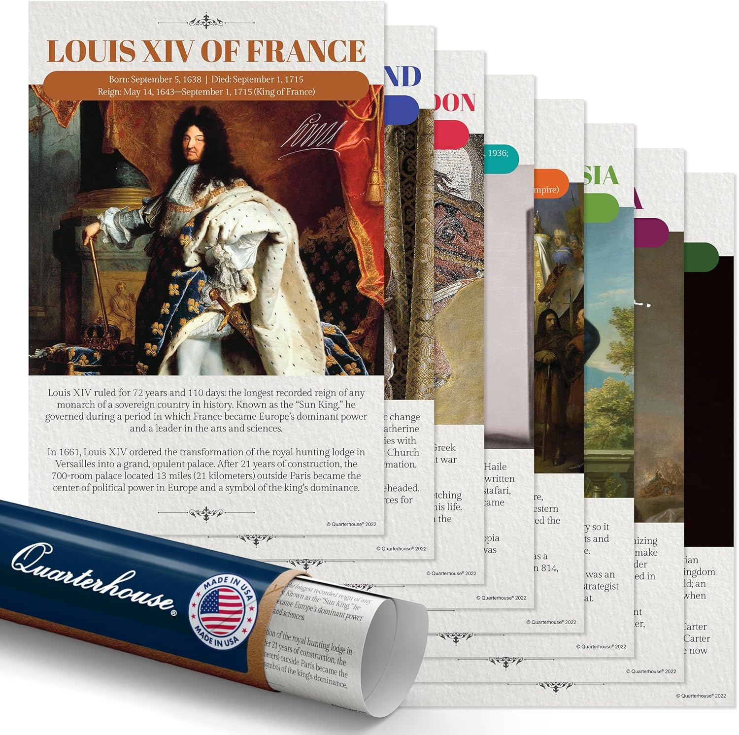 Quarterhouse 8 Poster Famous Monarchs Set, Social Studies Classroom Learning Materials for K-12 Students and Teachers, 12 x 18 Inches, Made in USA