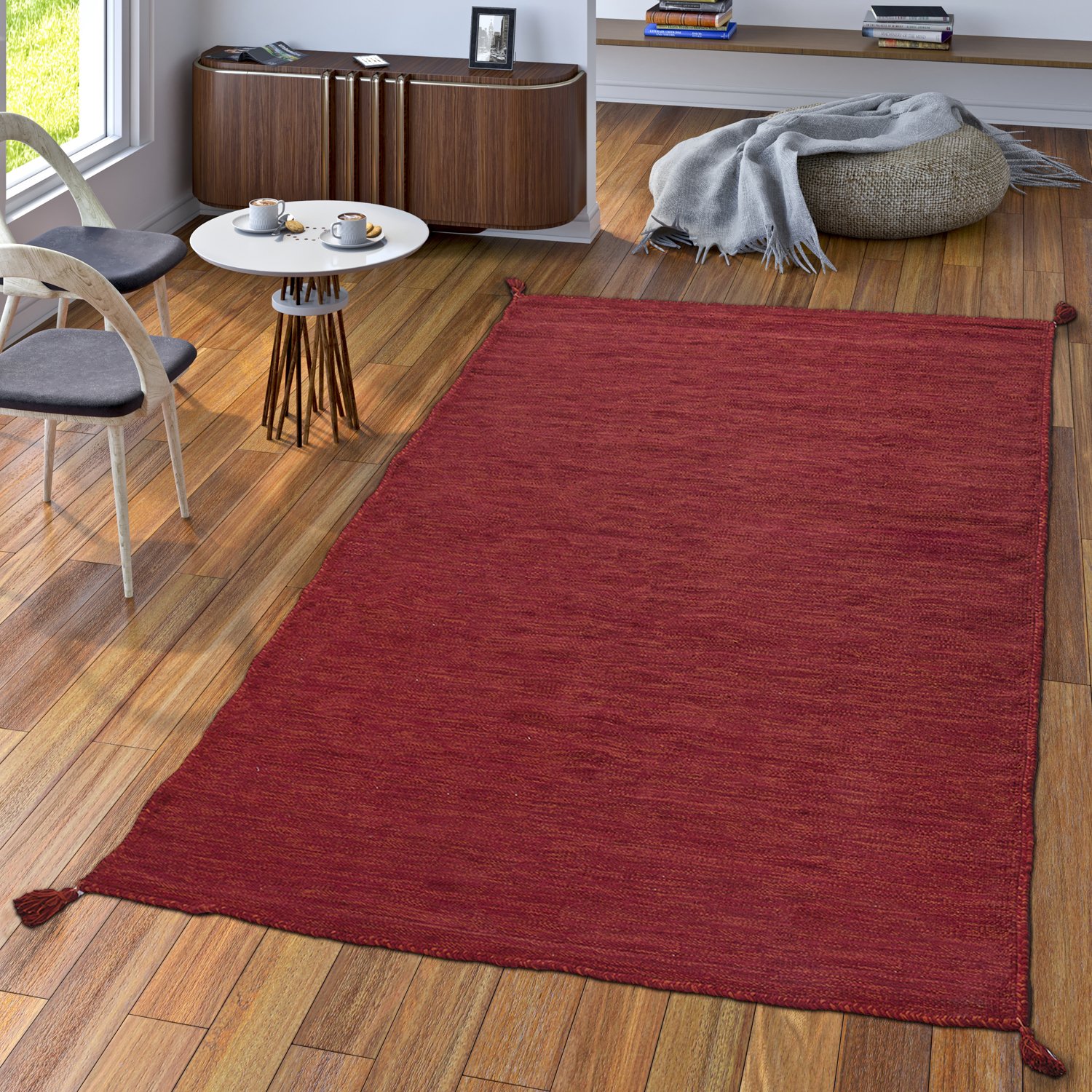 TT Home Tapis Créateur Tapis Tissé Kilim Tissé Main 100% Coton Moderne Chiné Rouge, Dimension:200x290 cm