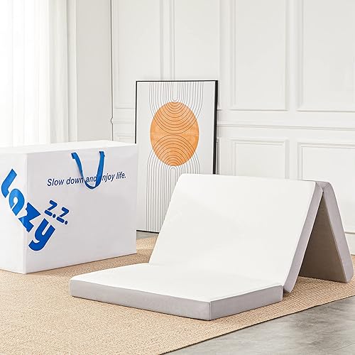 Colchón plegable Colchón triple de espuma viscoelástica de 4 pulgadas con funda de tela de fibra de bambú transpirable y lavable Cama de invitados