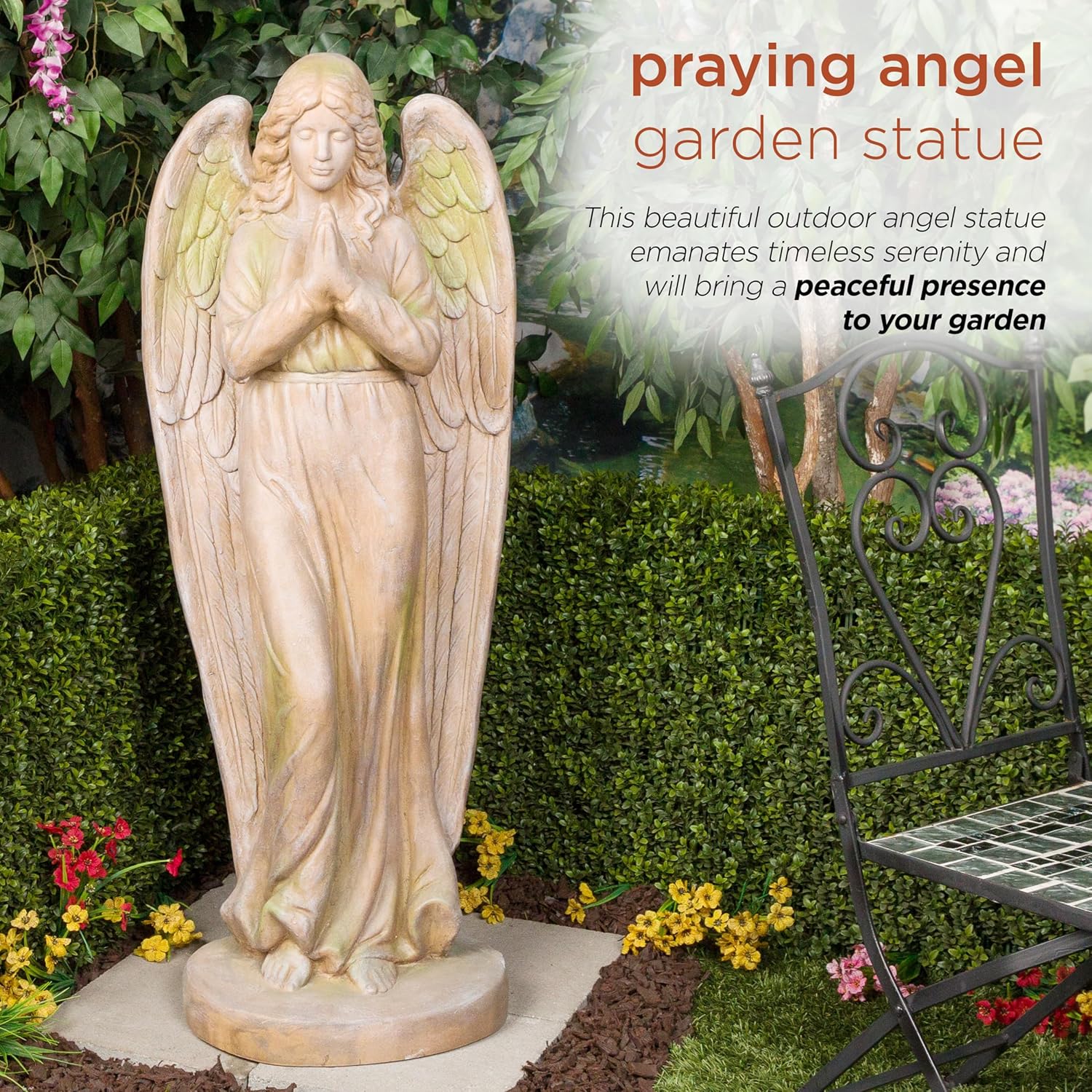 Alpine Corporation QFC101-201 Old World Praying Angel Statue w/Mossy Finish, Décor for Garden, Patio, & Lawn, 47" H